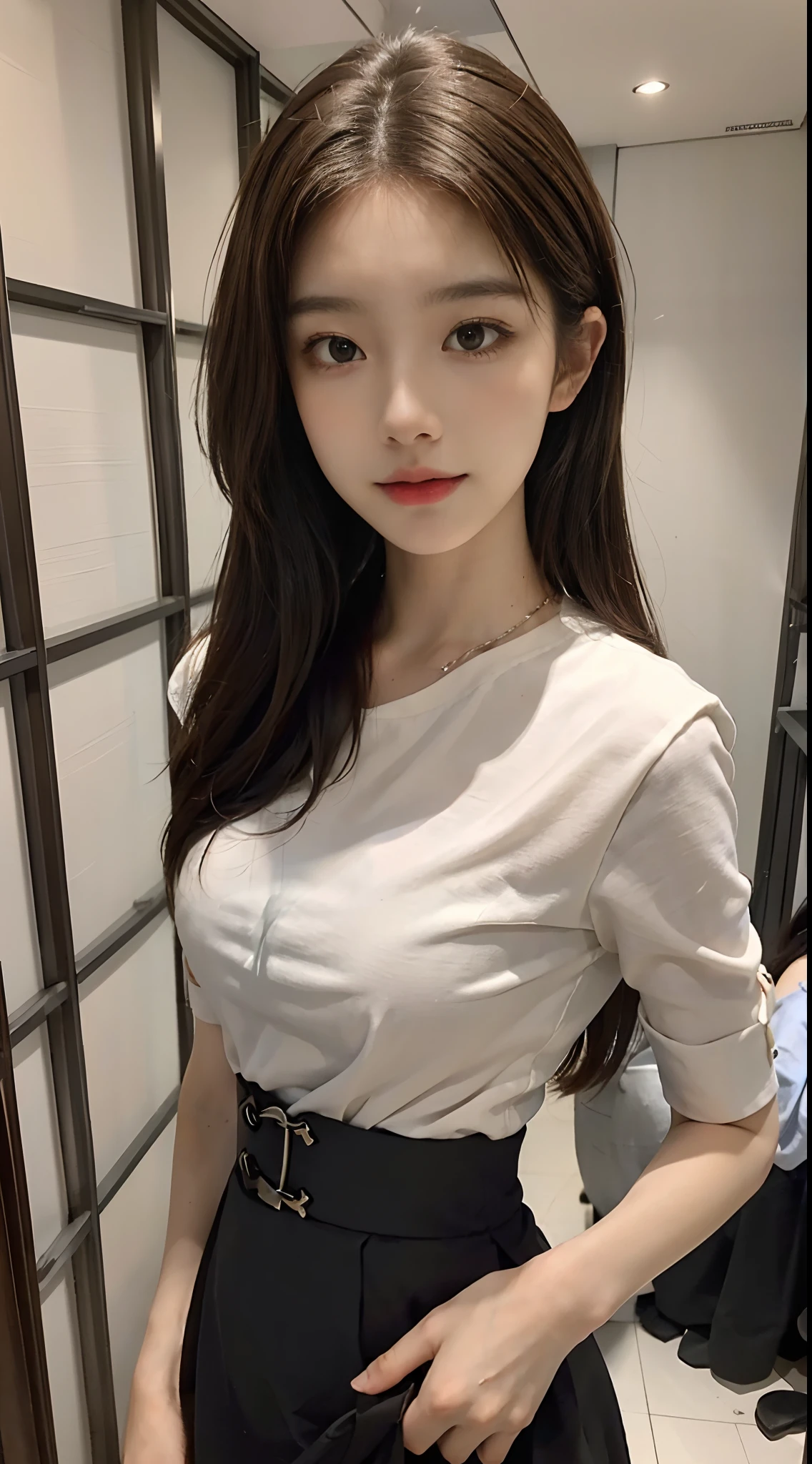 ((Best picture quality, 8K, tmasterpiece: 1.3)), self-shot, Sharp focus: 1.2, A cute beauty with a perfect figure: 1.4, Slim, ((Brown hair black)) , (whitet-shirt，pleatedskirt，Highly detailed face，Happy expression，standing on your feet：1.2），（（The city of blue skies，simple bedrooms：1.3. Produced with a major focus on women）），Highly detailed facial and skin texture，Detailed eyes，二重まぶた