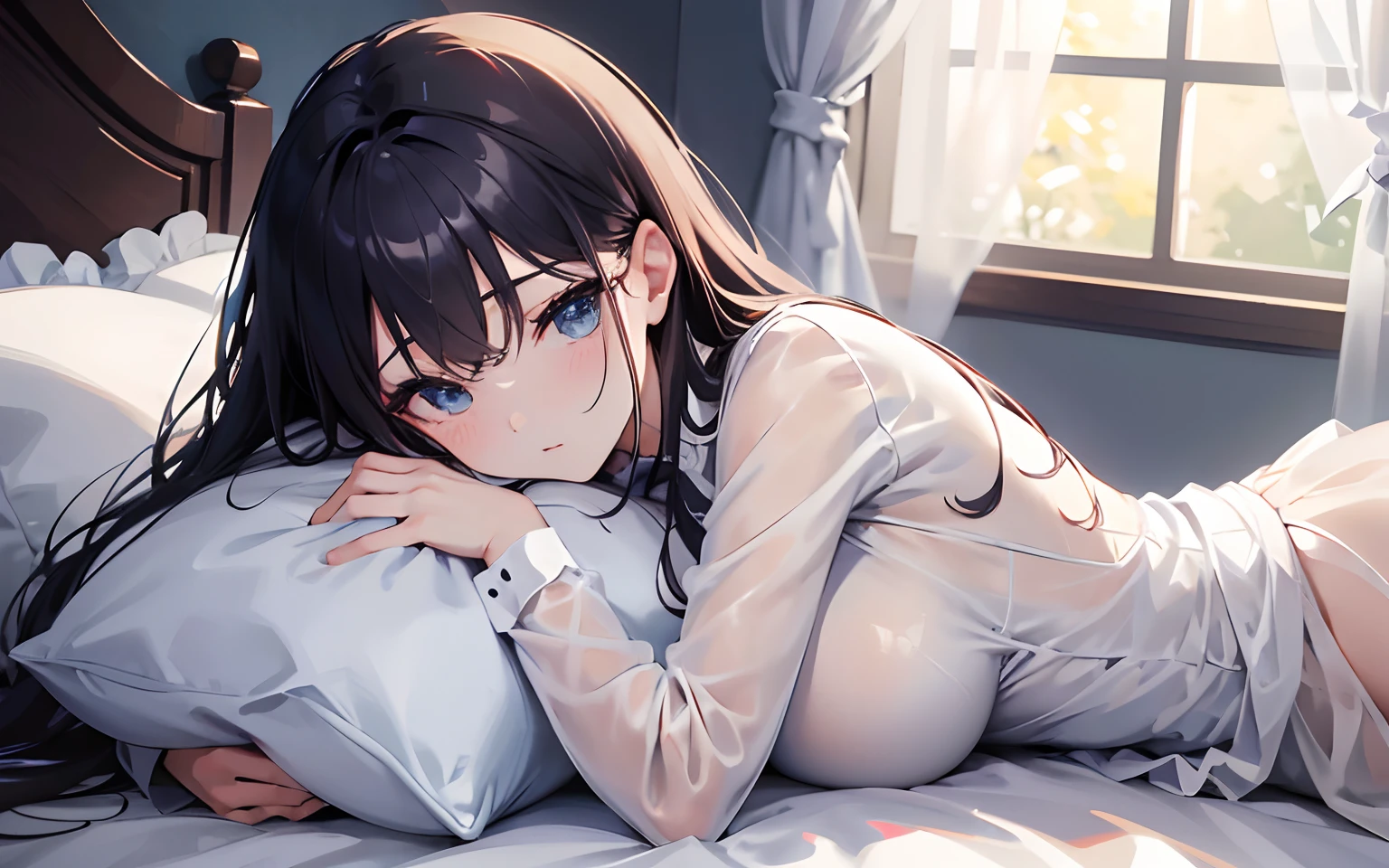 (absurderes、Absolute resolution、incredibly absurdness、hight resolution、ultra-detailliert:1.0、Official art)、​master piece, Sharp Focus ,Delicate Beautiful Hair and Eyes and Face, Lifelike, Hyper-detailing, a matural female, Dynamic Hair, slender,pale skin, (I'm wearing a white collard shirt with long sleeves), natural(Colossal tits:1.2), cleavage of the breast,((The areol)),(teats),  Beautiful cute woman,Wet in the rain,(delicate dark blue hair),(length hair),Delicate dark blue eyes, , , embarassed expression,(Lying face down on the bed), Lying face down, (Hug a pillow),, Buttocks,