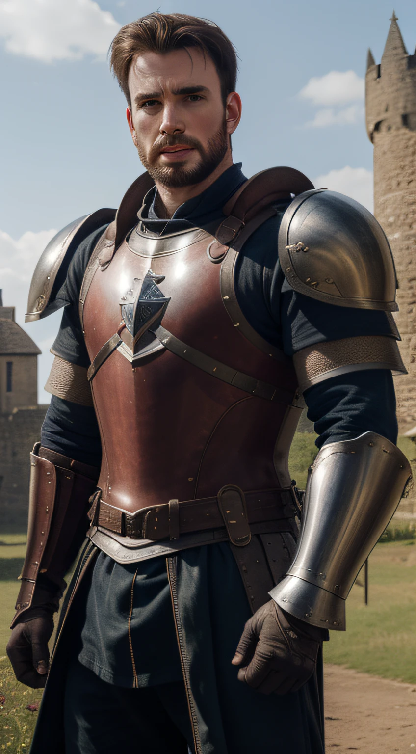 close-up, Man (Chris Evans, knight, near a castle), looking at viewer, wearing (cuirass, gorget, pauldron, couter, vambrace, gauntlets, cuisses, greaves, sabatons, poleyn, tasses, plackard, rerebrace, breastplace, faulds, scabbard, gardbrace, shoulder armor), HDR