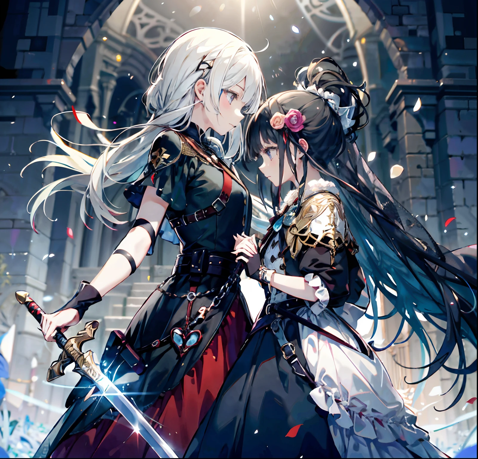 2girls,face to face,one hand holding sword,long dress