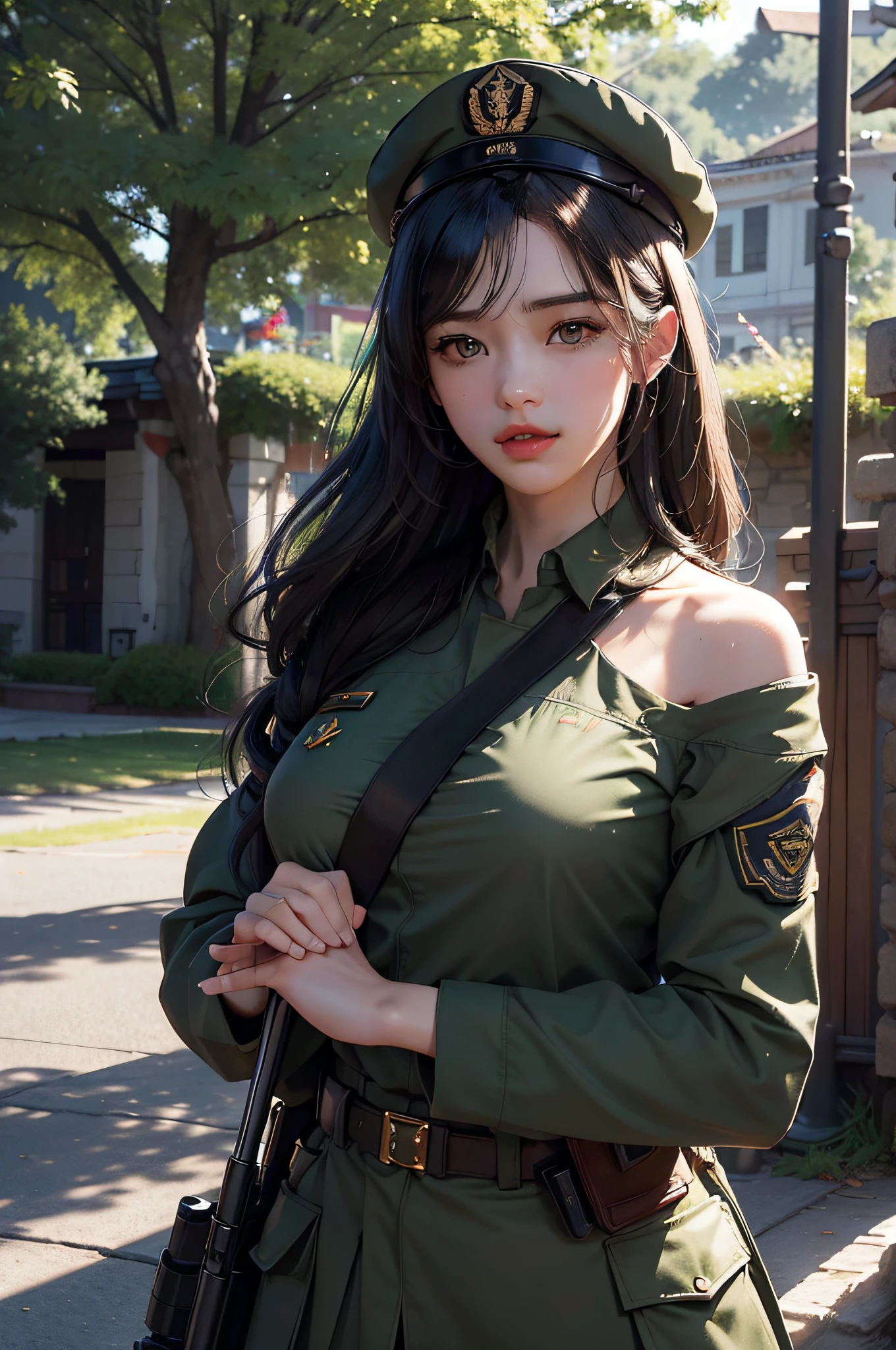 ultra detailed, beautiful, masterpiece, best quality, detailed beautiful round eyes, beautifully detailed face, medium short hair, (massive breasts, cleavage), female soldier, military, troops, army, perfect face, perfect body, battlefield, (solo)