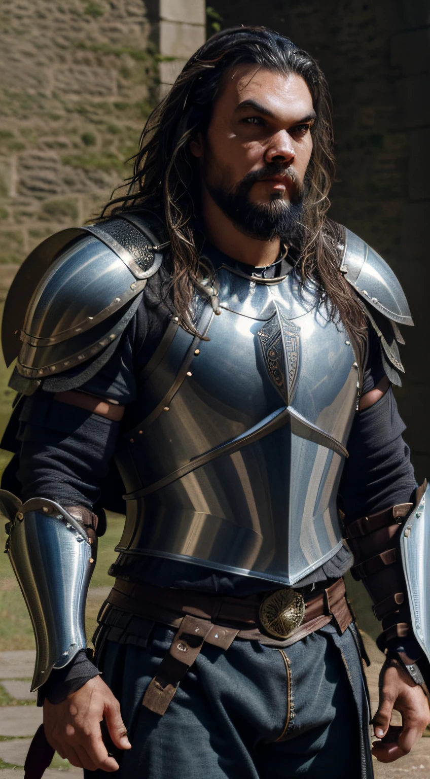close-up, Man ((Jason Momoa, knight, near a castle)), looking at viewer, wearing (cuirass, gorget, pauldron, couter, vambrace, gauntlets, cuisses, greaves, sabatons, poleyn, tasses, plackard, rerebrace, breastplace, faulds, scabbard, gardbrace, shoulder armor), HDR