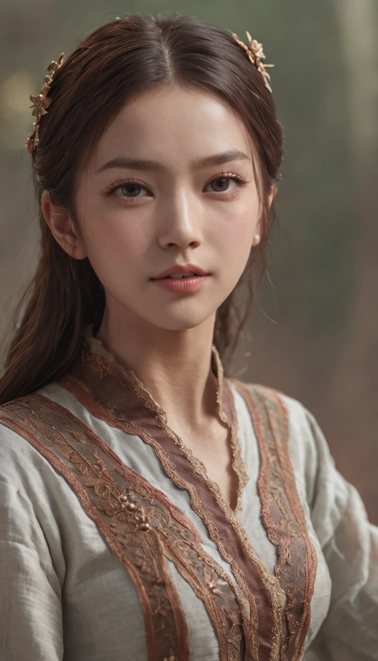 RAW Photo, Best Quality), (Realistic, Photo Realistic: 1.3), Best Quality, Highly Detailed, Masterpiece, Ultra Detailed, Illustration, 1 Girl, upper_body, Dynamic Angle, World Mastery Theater, messy_long_hair, Best Quality, Extremely Detailed CG Unified 8k Wallpaper, Amazing, Cinematic Lighting, lens_flare, dunhuang_style, Real People