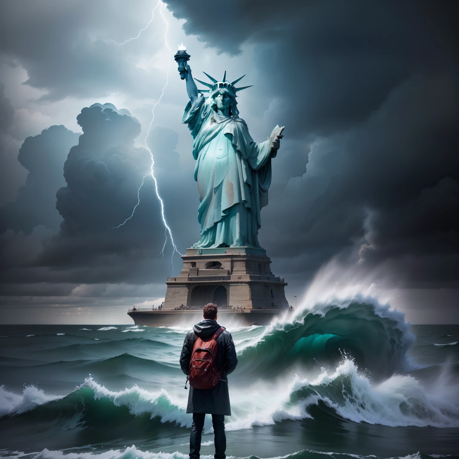 Arafeld man standing on the beach looking at the Statue of Liberty, the sea and storms behind him, Against the wind and waves, standing in a maelstrom, during a storm, a person standing in front of a, Located in the heart of New York City, looking at the ocean, The Statue of Liberty is clearly detailed,statue of liberty at left,The overall effect adds detail,Increase the resolution,Achieve 8K HD ,Perfectcomposition。