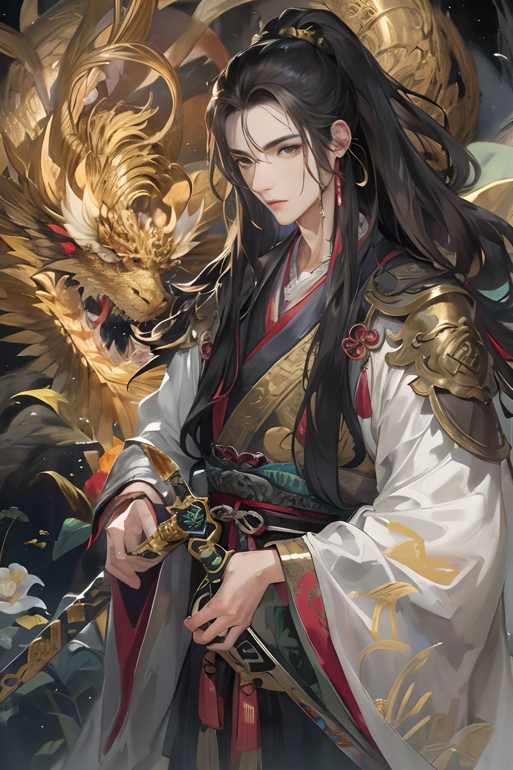 Masterpiece, Best quality, Night, full moon, 1 man, Mature man, Ancient China, Chinese palaces, eagle, Black hair, Black eyes, Split ends of hair, Long hair, Long bangs, Handsome, Diao noodles, chinese crown, Handsome, Masculine, Tall, calm, Costumes that alternate between white and gold, White dragon pattern, Dragon pattern, prince, Sword pairing, Side, Facial details, The face is delicate