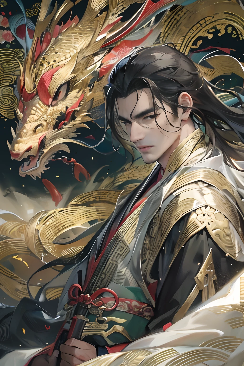 Masterpiece, Best quality, Night, full moon, 1 man, Mature man, Ancient China, Chinese palaces, eagle, Black hair, Black eyes, Split ends of hair, Long hair, Long bangs, Handsome, Diao noodles, chinese crown, Handsome, Masculine, Serious, gentle, Tall, calm, Costumes that alternate black and gold, Gold pattern, Dragon pattern, prince, Sword pairing, Side, Facial details, The face is delicate