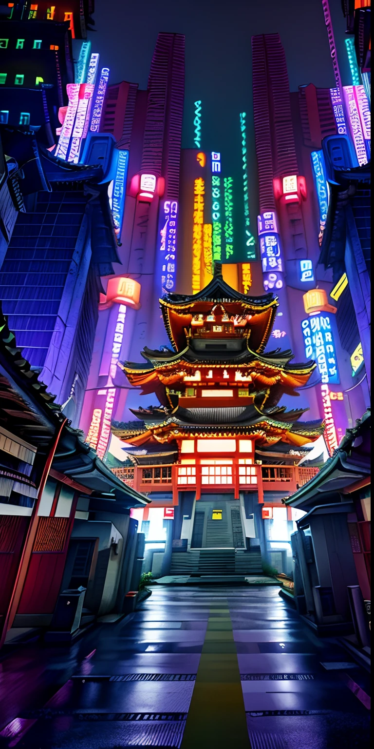 There is a large building，There is a tower in the middle, cyberpunk japanese temple, Cyberpunk temple, neo tokyo background, cyberpunk gunma prefecture, Futuristic cyberpunk Tokyo by night, anime concept hdr anime macmanus, tokyo anime anime scene, colorful anime movie background, Digital cyberpunk anime art, cyberpunk chinese ancient castle, cyberpunk streets in japan, cinematic neon matte painting，fisheyelens，wide high angle view