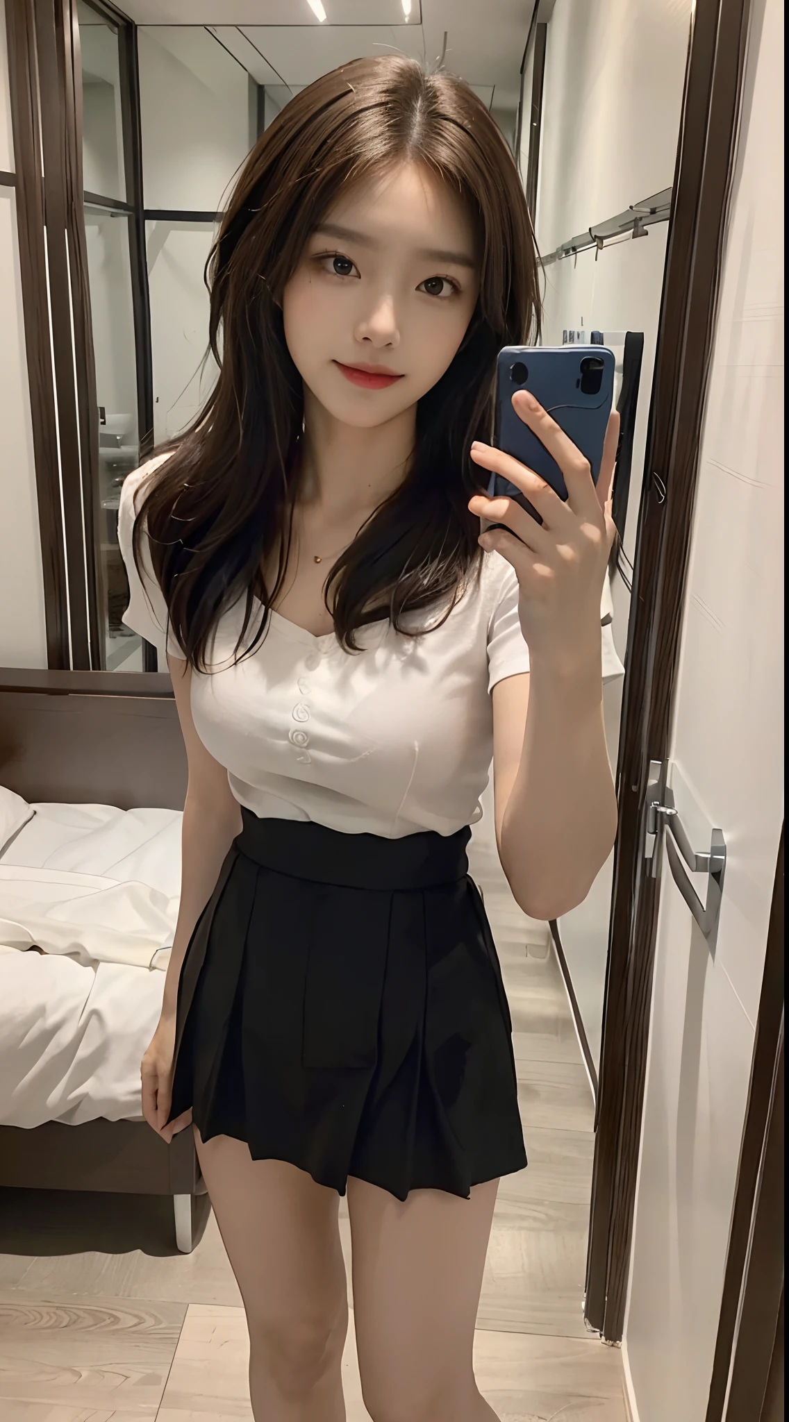 ((Best picture quality, 8K, tmasterpiece: 1.3)), self-shot, Sharp focus: 1.2, A cute beauty with a perfect figure: 1.4, Slim, ((Brown hair black)) , (whitet-shirt,pleatedskirt,Highly detailed face,Happy expression,standing on your feet:1.2),((The city of blue skies,simple bedrooms:1.3. Produced with a major focus on women)),Highly detailed facial and skin texture,Detailed eyes,二重まぶた