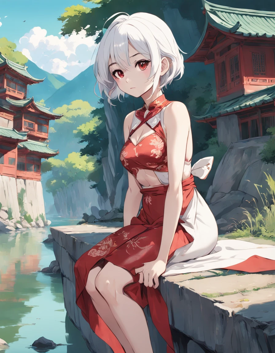 Detailed portrait of a Chinese girl, Skinny girl, Pear-shaped body, Red and black, old anime style, (anime big breast), ( girl:1.2), Ghibli style, boobgasm, (Tattooed with:1.2), No shoulder strap, Shirt collar, Kneeling, look far away, By the river, Mono Color, twists, Elaborate dresses, Beautiful face, Short hair, White hair, Bandana woman, River, landscape, masutepiece, Best quality, old folk house