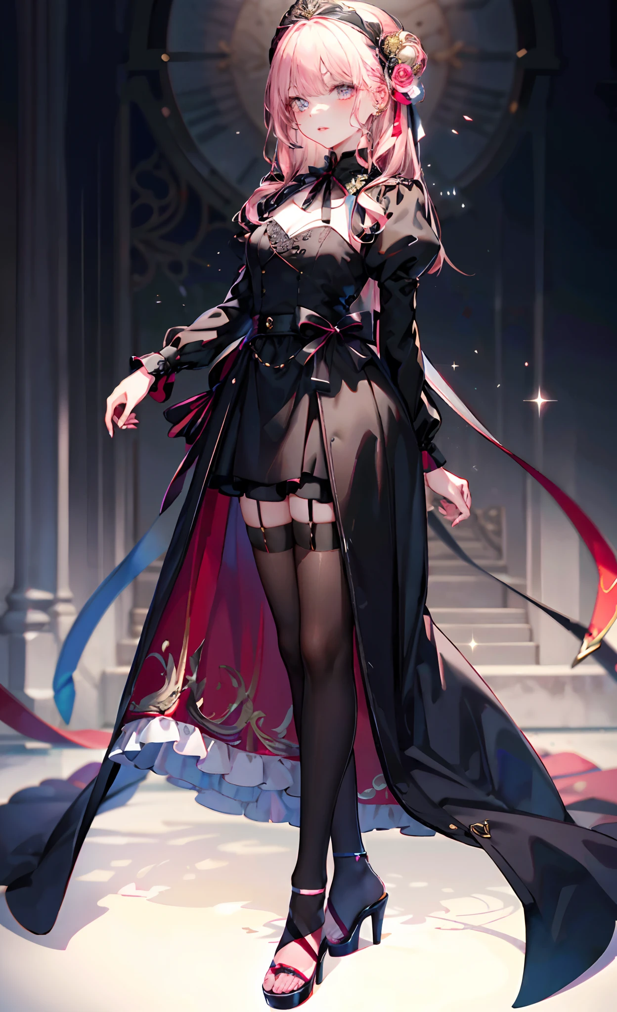 (Complete head:1.9),meticulous portrayal of face,1 noblewoman,a matural female,Black dress long dress,(black lence stockings+),(High-heeled ribbon sandals),(Black stocking feet),Pink White Long Hair,Prom background, Perfect body, s the perfect face, perfect hand, Perfect Finger, Perfect lips, perfect eyes, Perfect background