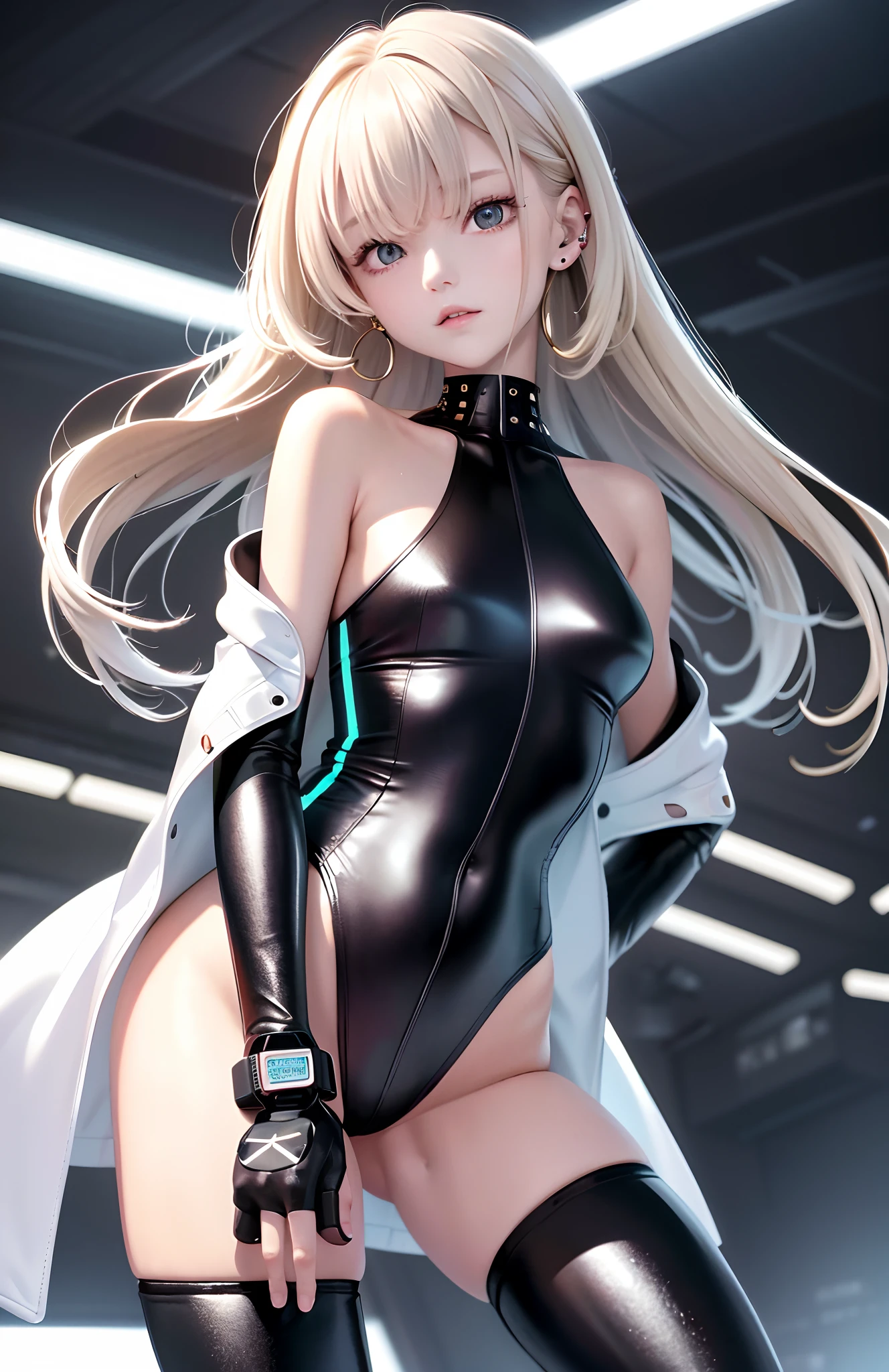 optimum,tmasterpiece,A high resolution,best qualtiy,hyper HD,super detailing,Award-Awarded,16k,独奏,(The upper part of the body),anatomy correct,Beautiful cyberpunk girl,cute face,,Gradient Beige Hair,Hairline,((Scarlet eyes)),long eyelasher,Hanging eye corners,White skin of the,(small boobs),(Slim body),((Women's extra short shawl leather jacket)),((bikesuit)),ear studs,(neck rings),(Laser material clothing:1.2)
