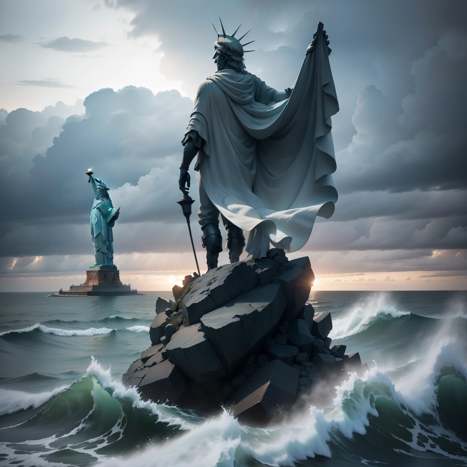 Arafeld man standing on the beach looking at the Statue of Liberty, the sea and storms behind him, Against the wind and waves, standing in a maelstrom, during a storm, a person standing in front of a, Located in the heart of New York City, looking at the ocean, The Statue of Liberty is clearly detailed，statue of liberty at left，The overall effect adds detail，Increase the resolution，Achieve 8K HD  ，Perfectcomposition。