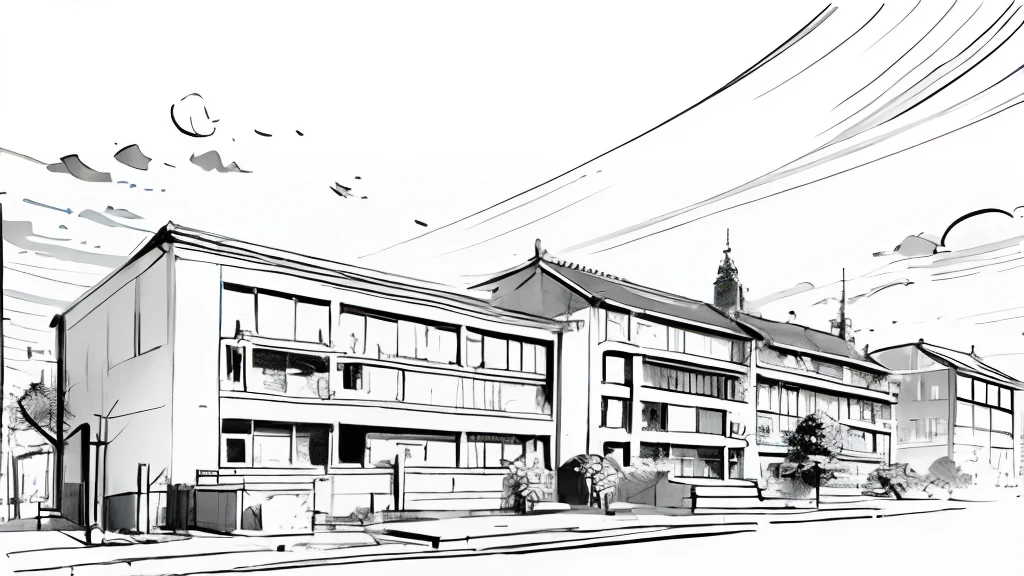 (masutepiece), (Best Quality), (((monochromes))), (((sketch))),schools,school buildings,blue-sky