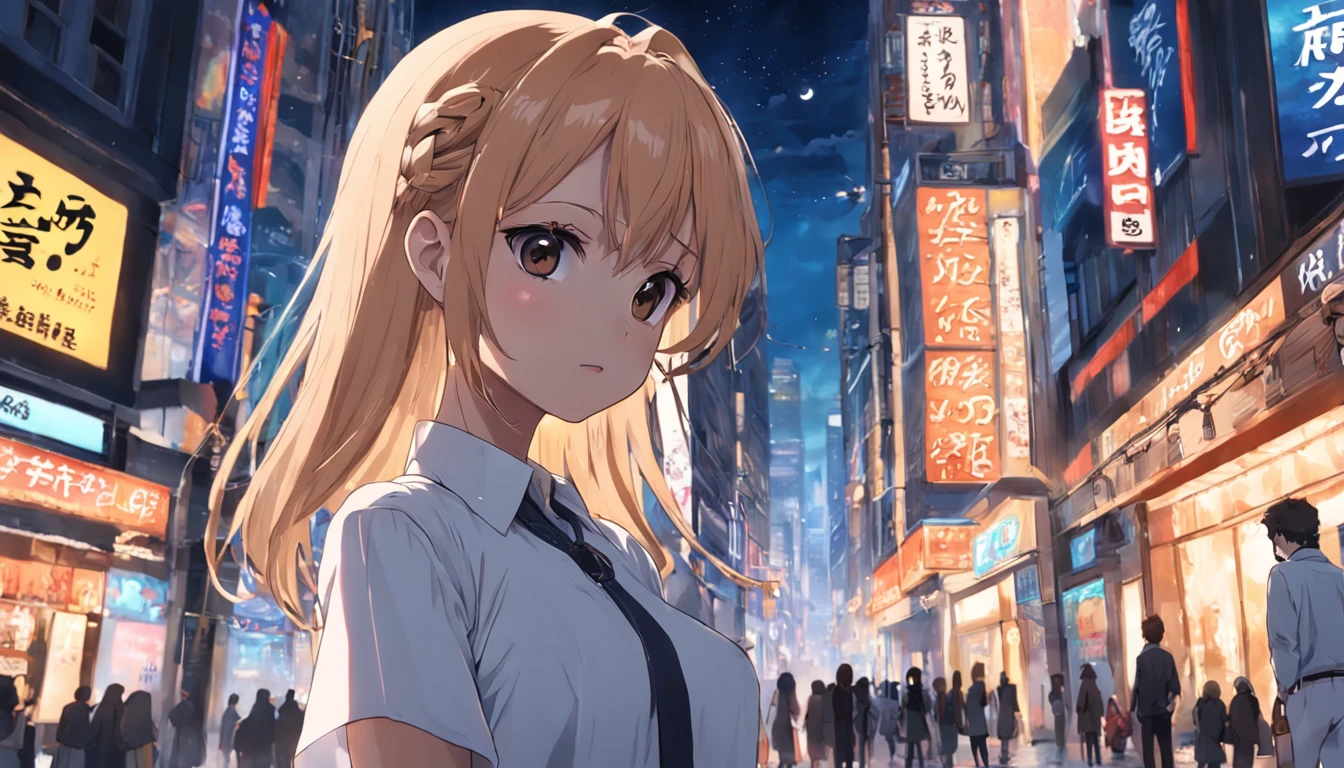 best qualtiy，tmasterpiece，k hd，1girll，(Full body in camera)，Walking down the street，White color blouse，short  skirt，((From the side Side))，Detailed scenes, Beautiful digital illustration, the detail，Hyper-detailed