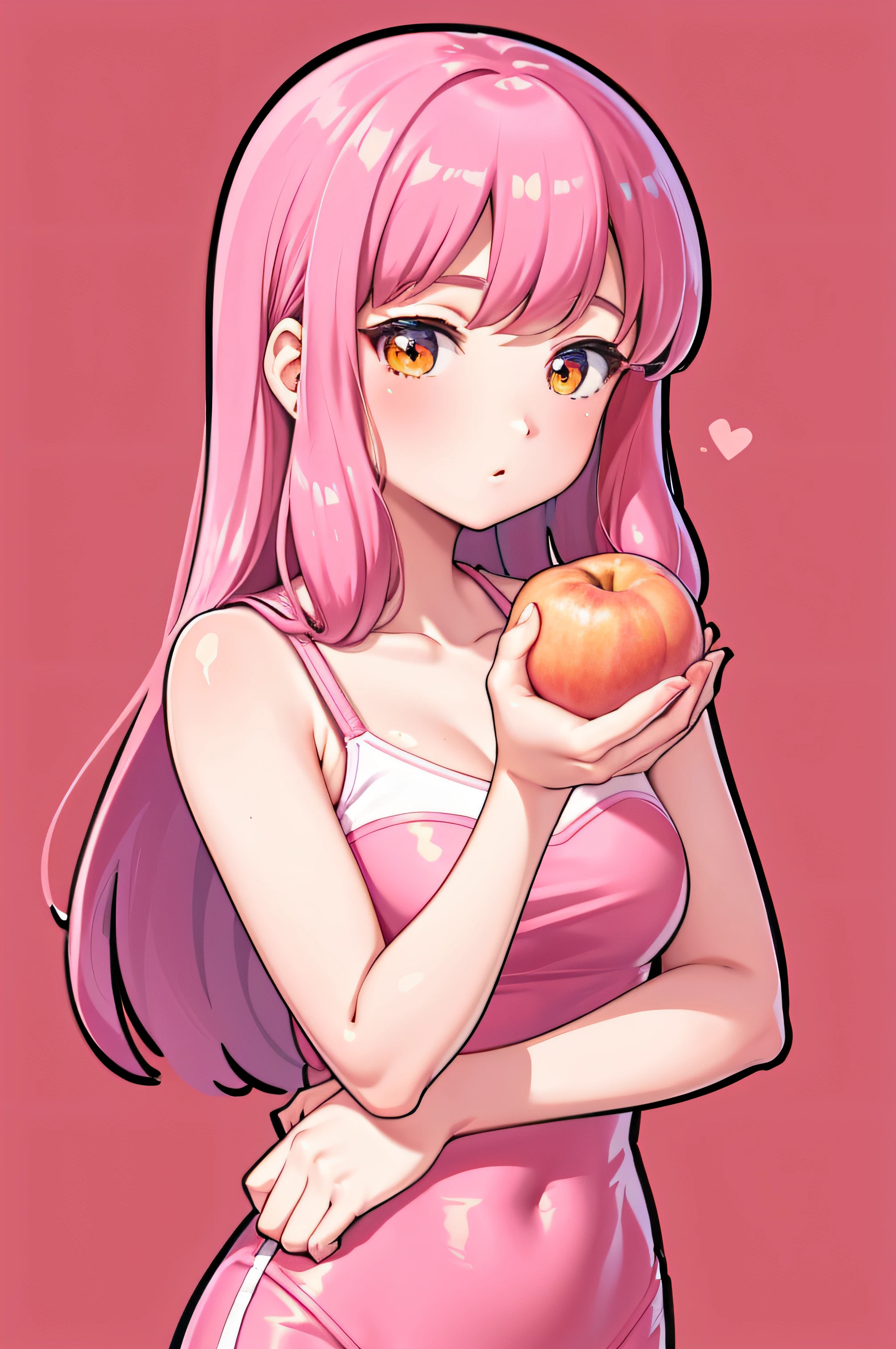 Anime girl with pink hair holding an apple in her hand, a human-like juicy peach, with apple, she is eating a peach, she is easting a peach, seductive anime girls, Marin Kitagawa fanart, made with anime painter studio, Cute anime girl, anime art style, anime moe art style, Anime art style, (Anime girl)