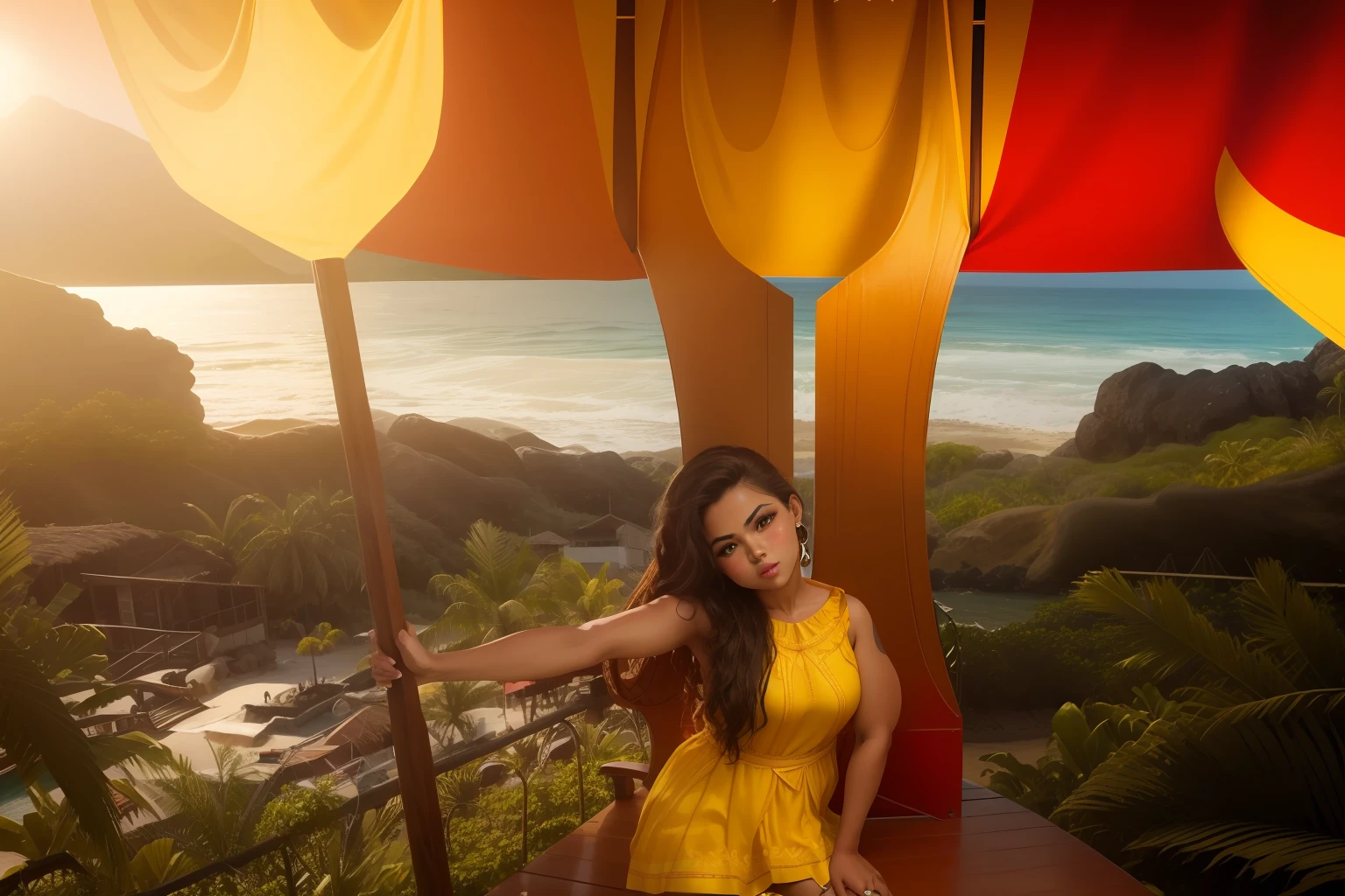 mulher em um vestido amarelo sentado em uma cadeira de metal gigante, usando um vestido havaiano, Moana, Ilha Grande, posando em waikiki, Obra-prima maravilhosa, com tridente e coroa, pose divertida, posando de rainha, sentado no intrincado trono, polynesian style, Photo Session, segurando tridente, grande obra-prima, photo shoot, Posando!!, Isabela Moner, TV ainda
