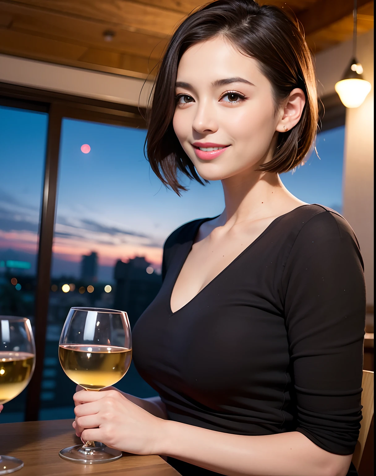 (64K, UHD, top quality, masterpiece: 1.2), (realistic, photorealistic: 1.37), super detailed, pretty woman 1 person, (slim face), (slim body), (brown hair), (short cut), cheeks slightly blushing, (44 years old), 38 years old, solo, beautiful detailed urban night view outside the window, restaurant, wine glasses sit, at night, in a prominent placeNovaFrogStyle, Actress, Model, Waist Up, White Wine, Slim, Wine Glass, Super Clean Night View, Wine Glass Put in the Middle, Happy Smile, (Smile: 1.15), Beautiful Fine Eyes, Upper Body, Bust Japan Up, Night, Short, Short, Actress, Model, Waist Up, White Wine, Slim, Wine Glass, Super Clean Night View, Wine Glass Put in the Middle, Happy Smile,