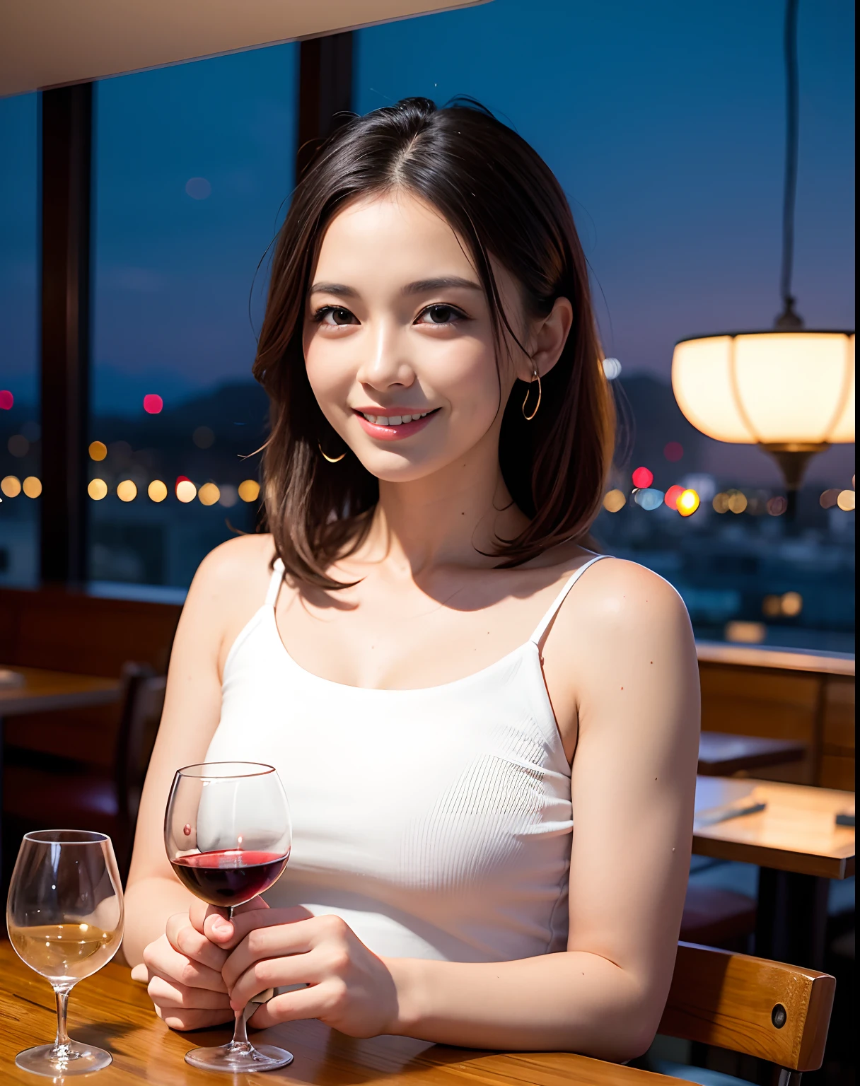 (64K, UHD, top quality, masterpiece: 1.2), (realistic, photorealistic: 1.37), super detailed, pretty woman 1 person, (slim face), (slim body), (brown hair), (short cut), cheeks slightly blushing, (44 years old), 38 years old, solo, beautiful detailed urban night view outside the window, restaurant, wine glasses sit, at night, in a prominent placeNovaFrogStyle, Actress, Model, Waist Up, White Wine, Slim, Wine Glass, Super Clean Night View, Wine Glass Put in the Middle, Happy Smile, (Smile: 1.15), Beautiful Fine Eyes, Upper Body, Bust Japan Up, Night, Short, Short, Actress, Model, Waist Up, White Wine, Slim, Wine Glass, Super Clean Night View, Wine Glass Put in the Middle, Happy Smile,