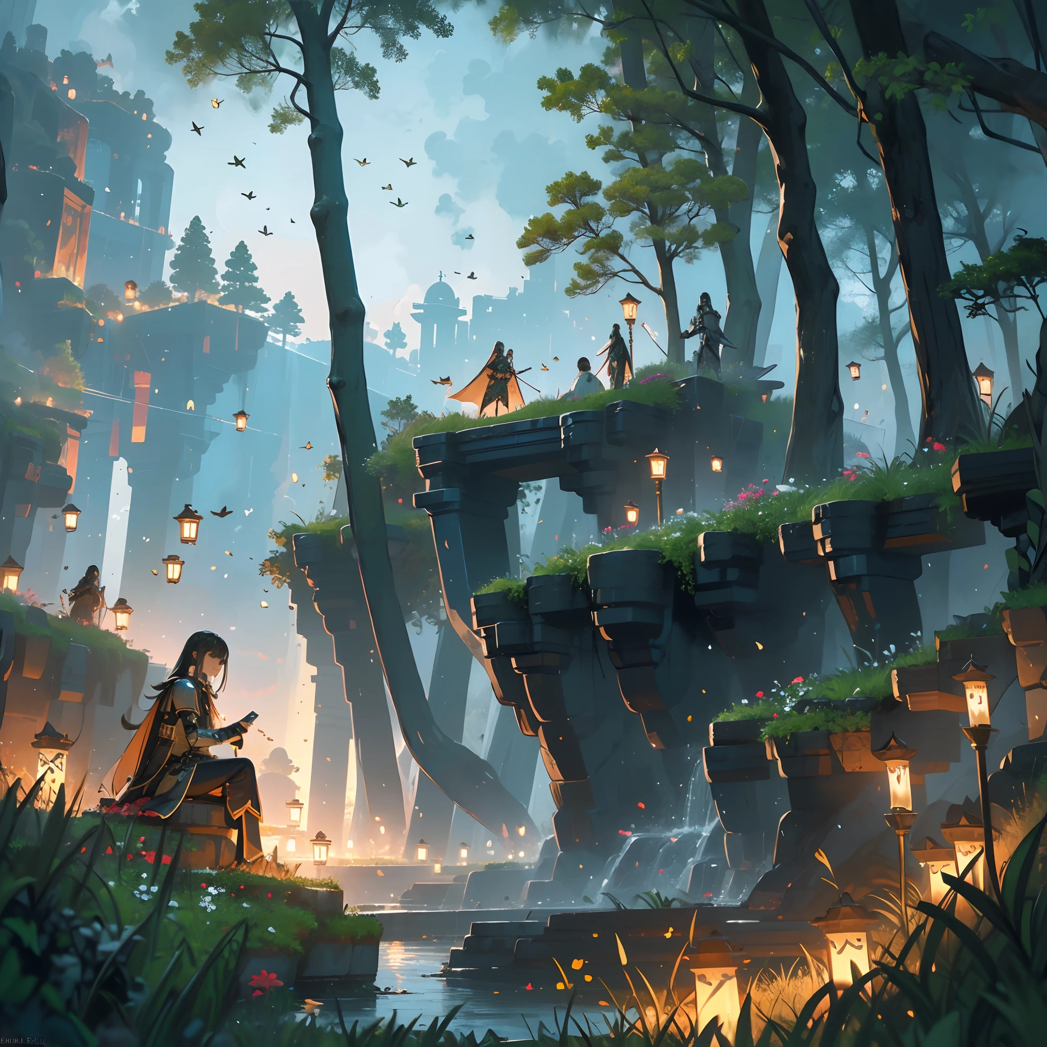 (8k wallpaper:1.2),(Ultra-high resolution:1.2),(masterpiece:1.1),wallpaper,High quality,masterpiece,(High detail),an army, knight armour, relaxed, smiling,resting near a river, surrounded by trees, surrounded by knights, Camp,small group of royal knights,shiny armour, dangerous, Dark, fantasy, highest quality digital art, highest resolution, absolutely stunning art, extremely detailed