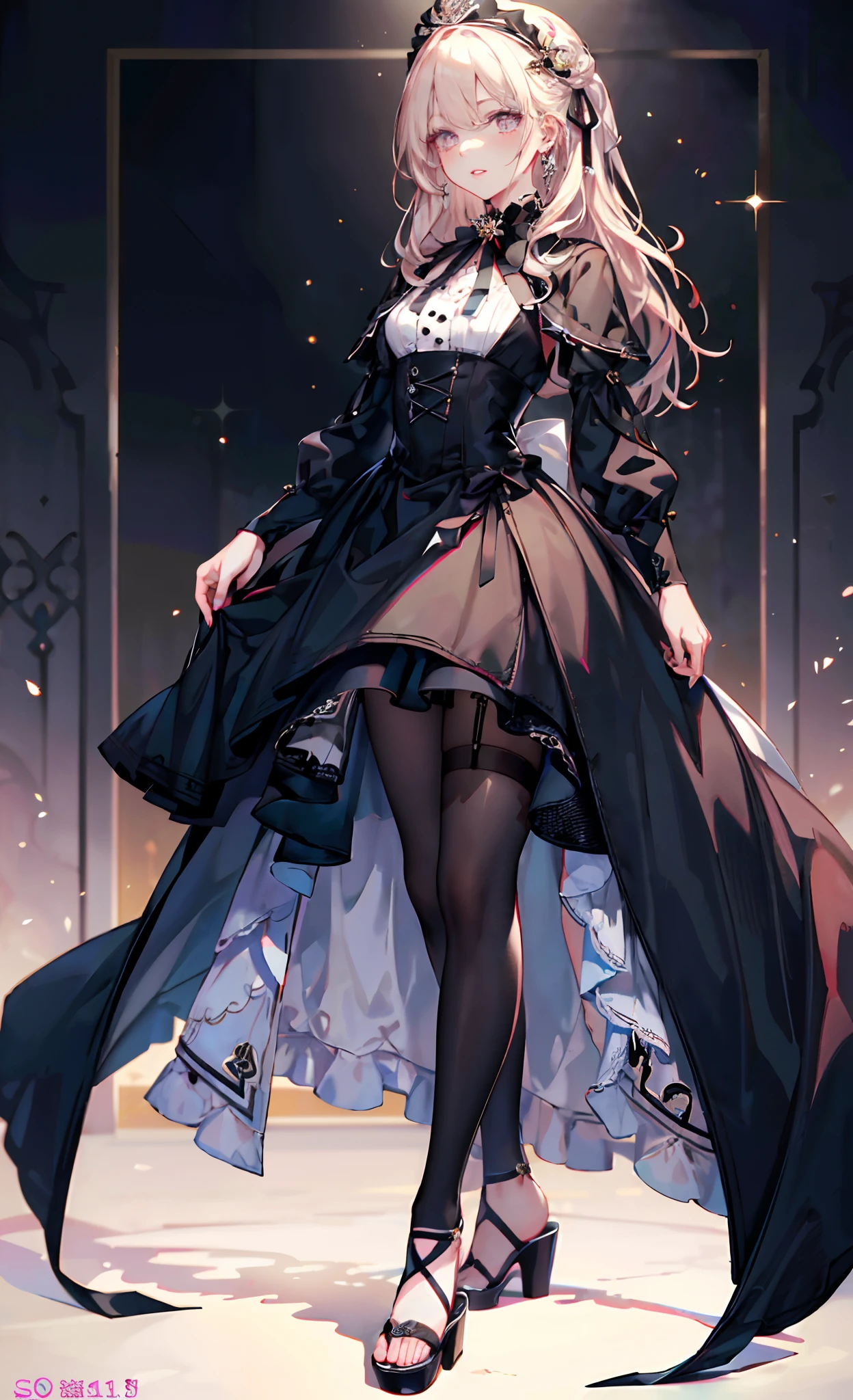 (Complete head:1.9),meticulous portrayal of face,1 noblewoman,a matural female,Black dress long dress,(black lence stockings+),(High-heeled ribbon sandals),(Black stocking feet),Pink White Long Hair,Prom background, Perfect body, s the perfect face, perfect hand, Perfect Finger, Perfect lips, perfect eyes, Perfect background