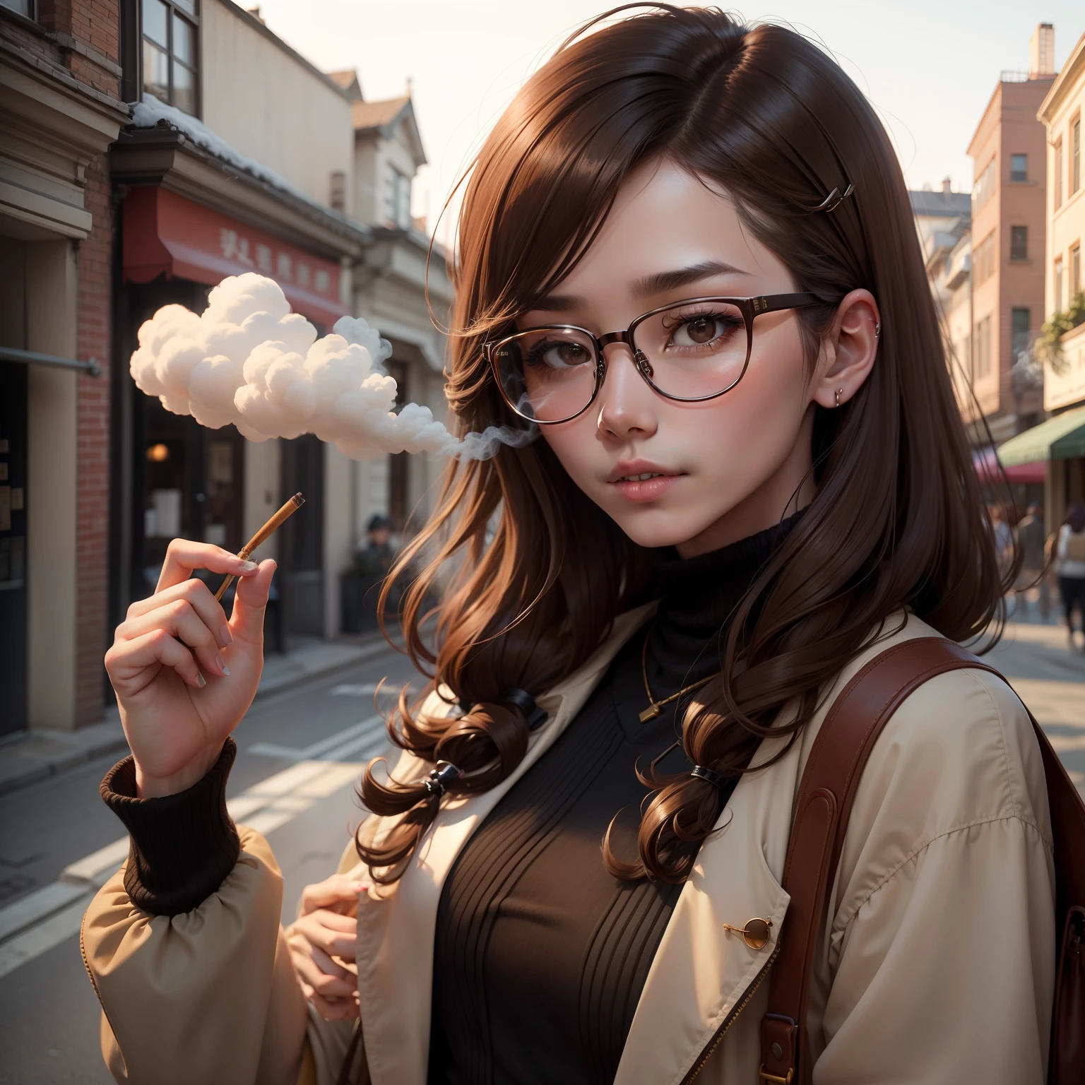 femele、Brown hair、bobhair、wears glasses、smoking tobacco、View here、up of face