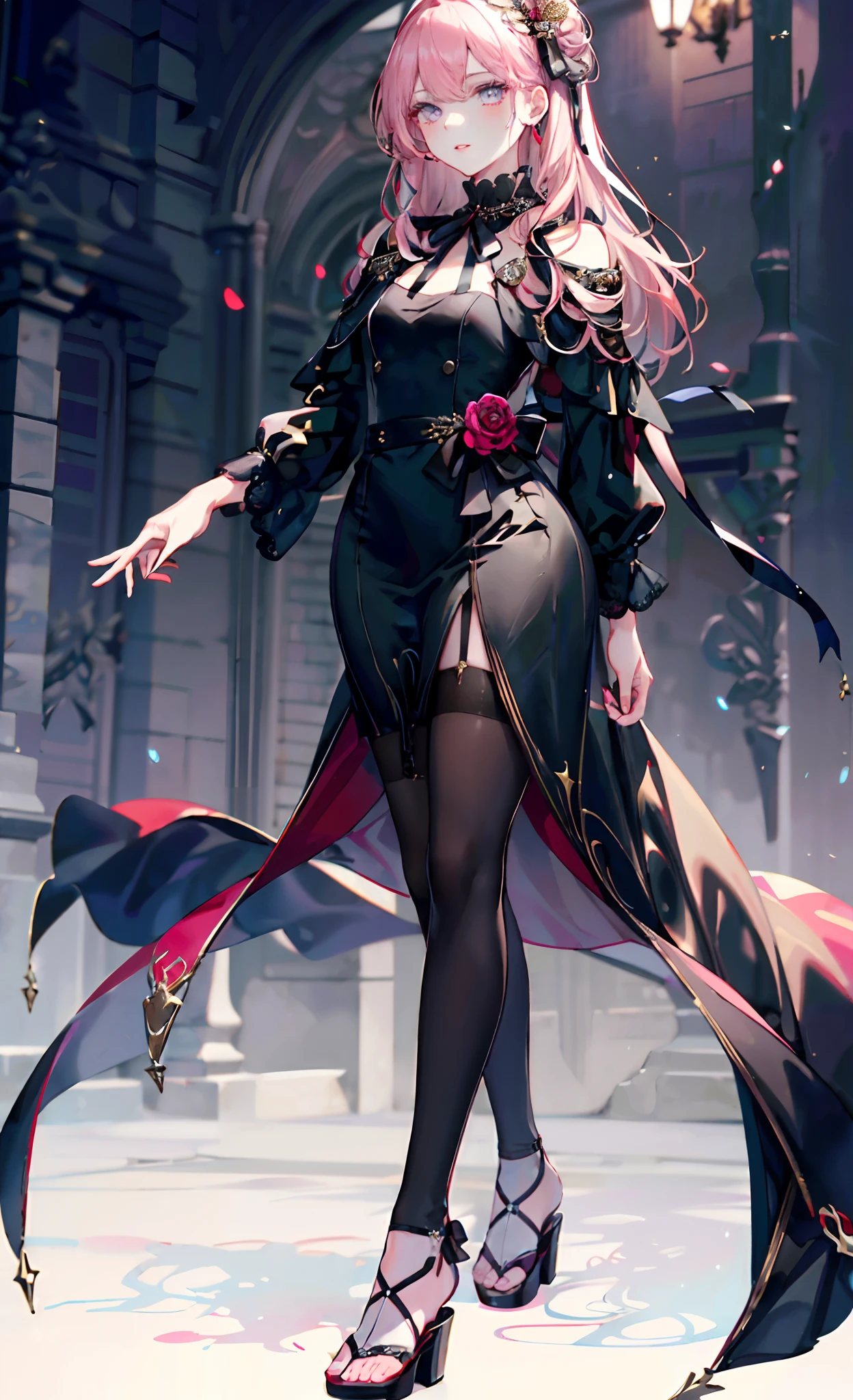 (Complete head：1.9)，meticulous portrayal of face，1 noblewoman，a matural female，Black dress long dress，(black lence stockings+)，(High-heeled ribbon sandals)，(Black stocking feet)，Pink White Long Hair，Prom background， Perfect body， s the perfect face， perfect hand， Perfect Finger， Perfect lips， perfect  eyes， Perfect background