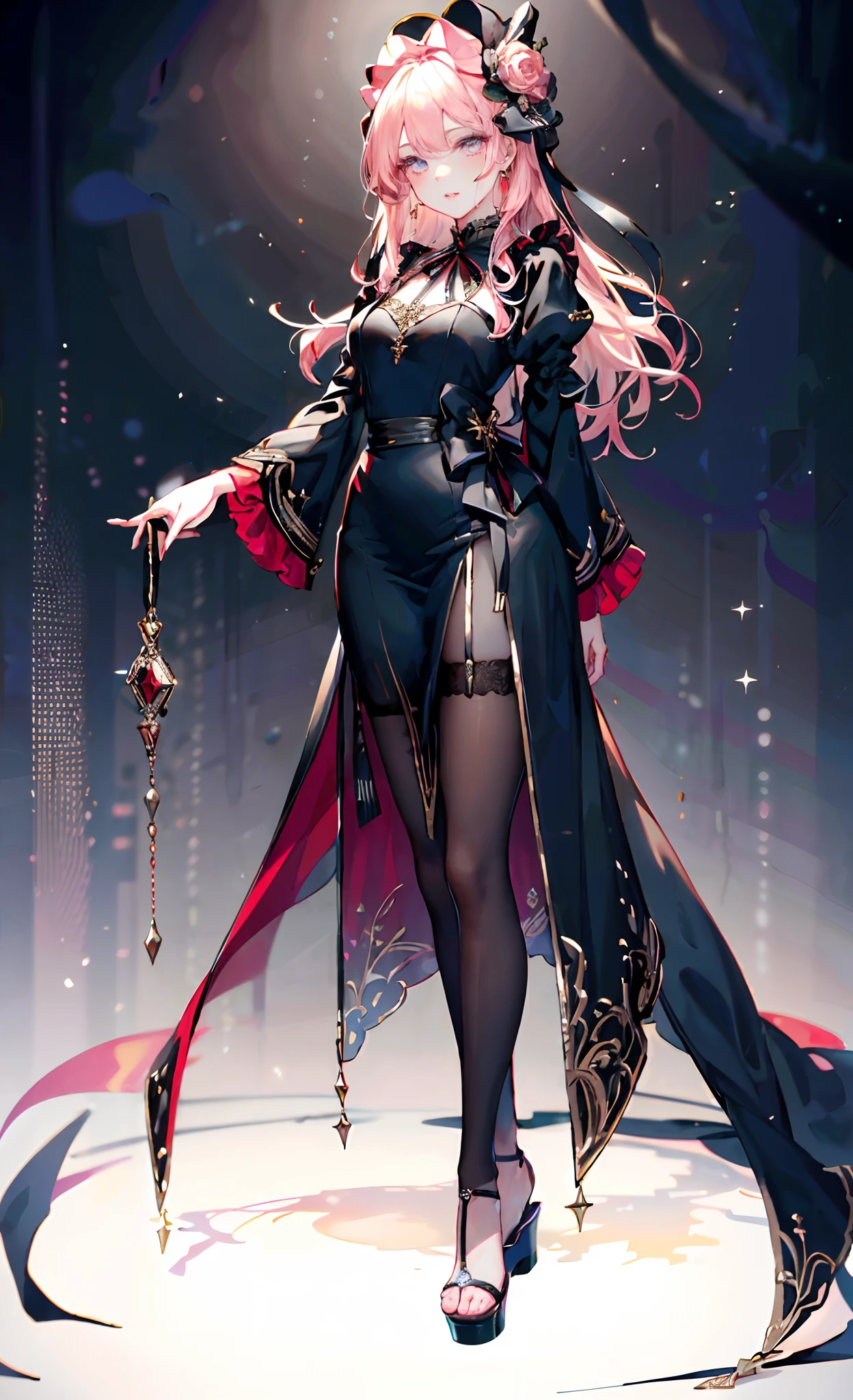 (Complete head:1.9),meticulous portrayal of face,1 noblewoman,a matural female,Black dress long dress,(black lence stockings+),(High-heeled ribbon sandals),(Black stocking feet),Pink White Long Hair,Prom background, Perfect body, s the perfect face, perfect hand, Perfect Finger, Perfect lips, perfect eyes, Perfect background