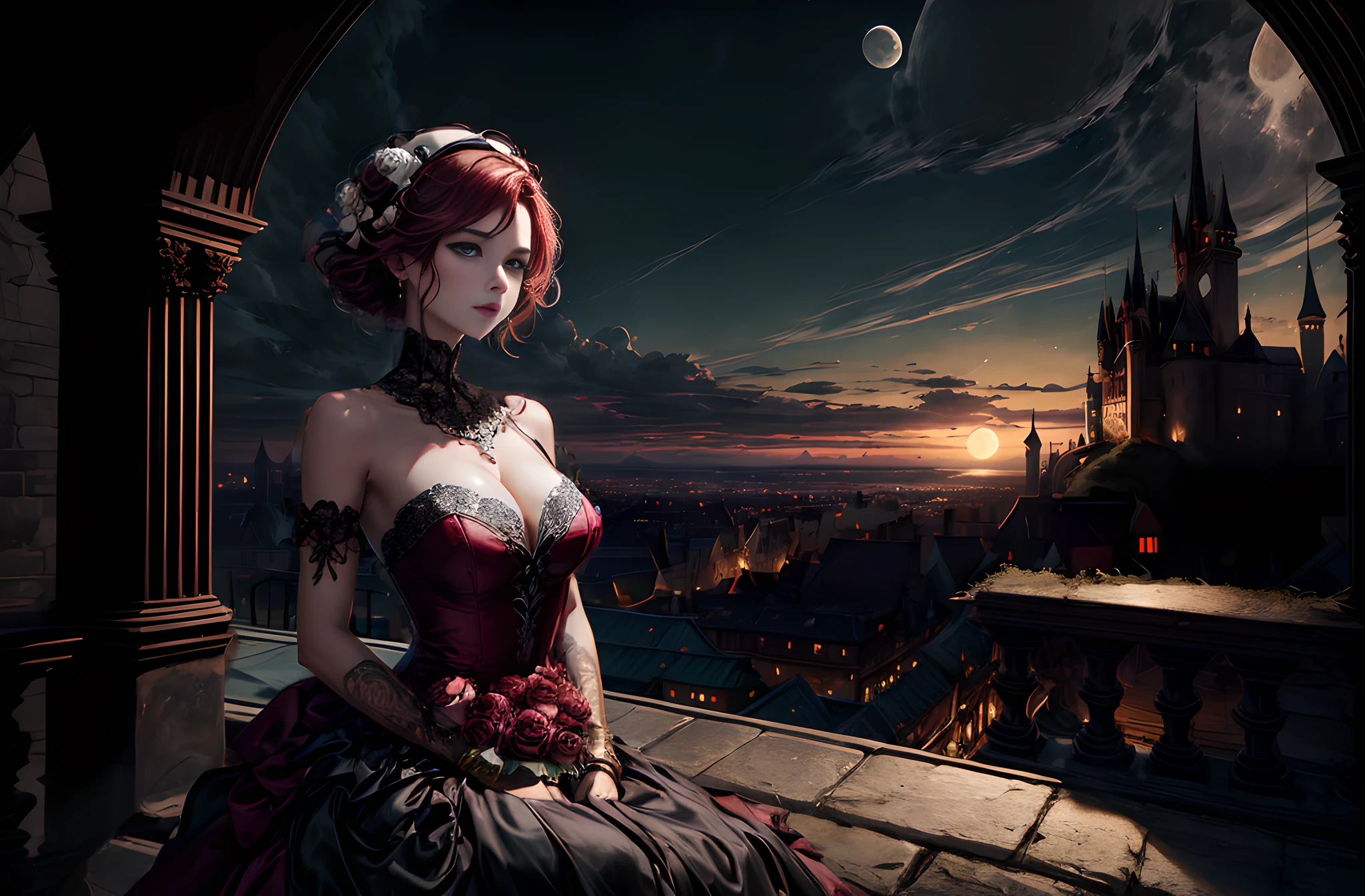 beautiful detailed emerald eyes, anatomically correct hands with 5 piles on each hand, in the background, an observation deck with a view of the Gothic city at night