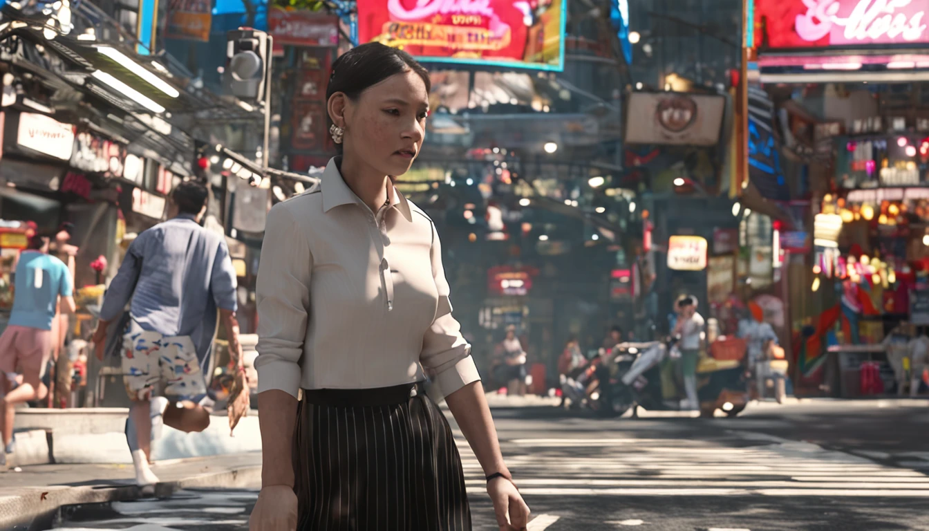 best qualtiy,tmasterpiece,k hd,1girll,(Full body in camera),Walking down the street,White color blouse,short skirt,((From the side Side)),Detailed scenes, Beautiful digital illustration, the detail,Hyper-detailed