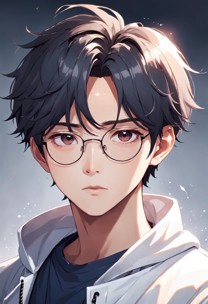 There is a drawing of a boy in glasses and a white coat, portrait of kpop idol, With glasses, Handsome boy with short hair, official fanart, Inspired by Bian Shoumin, live2d virtual youtuber model, anime moe art style, high quality portrait, character portrait of me, hyung tae, High-quality fanart, half-body portrait, inspired by jeonseok lee