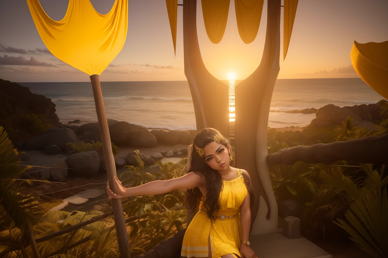 mulher em um vestido amarelo sentado em uma cadeira de metal gigante, usando um vestido havaiano, Moana, Ilha Grande, posando em waikiki, Obra-prima maravilhosa, com tridente e coroa, pose divertida, posando de rainha, sentado no intrincado trono, polynesian style, Photo Session, segurando tridente, grande obra-prima, photo shoot, Posando!!, Isabela Moner, TV ainda