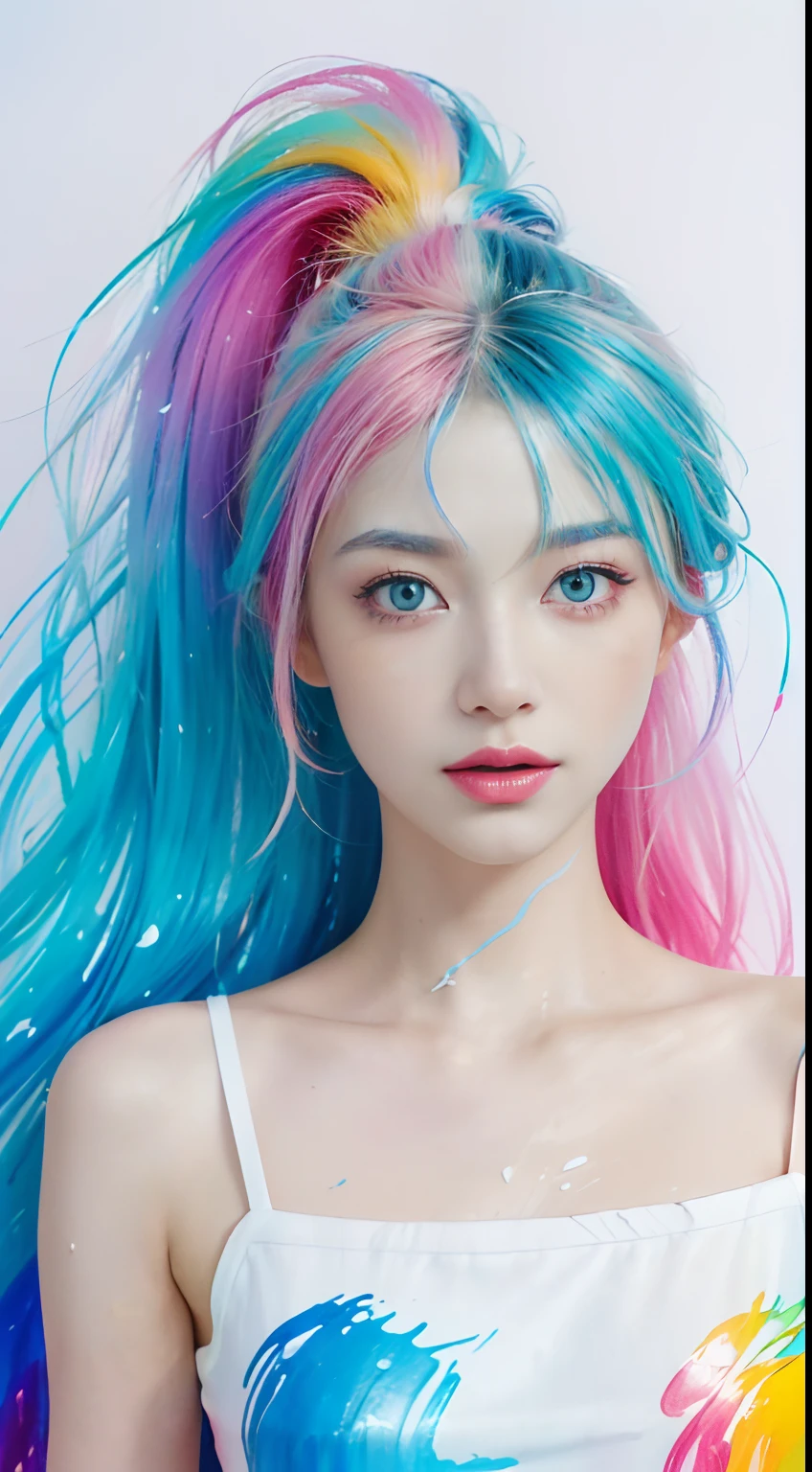 (Pink Fashion T-shirt:1.9),(Colorful hair: 1.8), (all the colours of the rainbow: 1.8),(((((vertical painting:1.6))), (painting:1.6),front, comics, illustrations, paintings, large eyes, crystal clear eyes,( rainbow color gradient high ponytail:1.7), exquisite makeup, closed mouth,(Small Fresh: 1.5),(Wipe Chest: 1.6) ,long eyelashes, white off shoulder T-shirt, White Shoulder Shirt,looking at the audience, large watery eyes, (rainbow colored hair:1.6), color splash, (solo:1.8), color splash, color explosion, thick paint style, messy lines, ((shining)),(colorful), (colorful), (colorful), colorful, Thick Paint Style, (Splash) (Color Splash), Vertical Painting, Upper Body, Paint Splash, Acrylic Pigment, Gradient, Paint, Highest Image Quality, Highest Quality, Masterpiece, Solo, Depth of Field, Face Paint, colorful clothes, (Elegant: 1.2), gorgeous,long hair, wind, (Elegant: 1.3), (Petals: 1.4),(((masterpiece))),(((best quality))),((ultra-detailed)),(illustration),(dynamic angle),((floating)),(paint),((disheveled hair)),(solo),(1girl) , (((detailed anima face))),((beautiful detailed face)),collar,bare shoulders,white hair, ((colorful hair)),((streaked hair)),beautiful detailed eyes,(Gradient color eyes),(((colorful eyes))),(((colorful background))),(((high saturation))),(((surrounded by colorful splashes))),