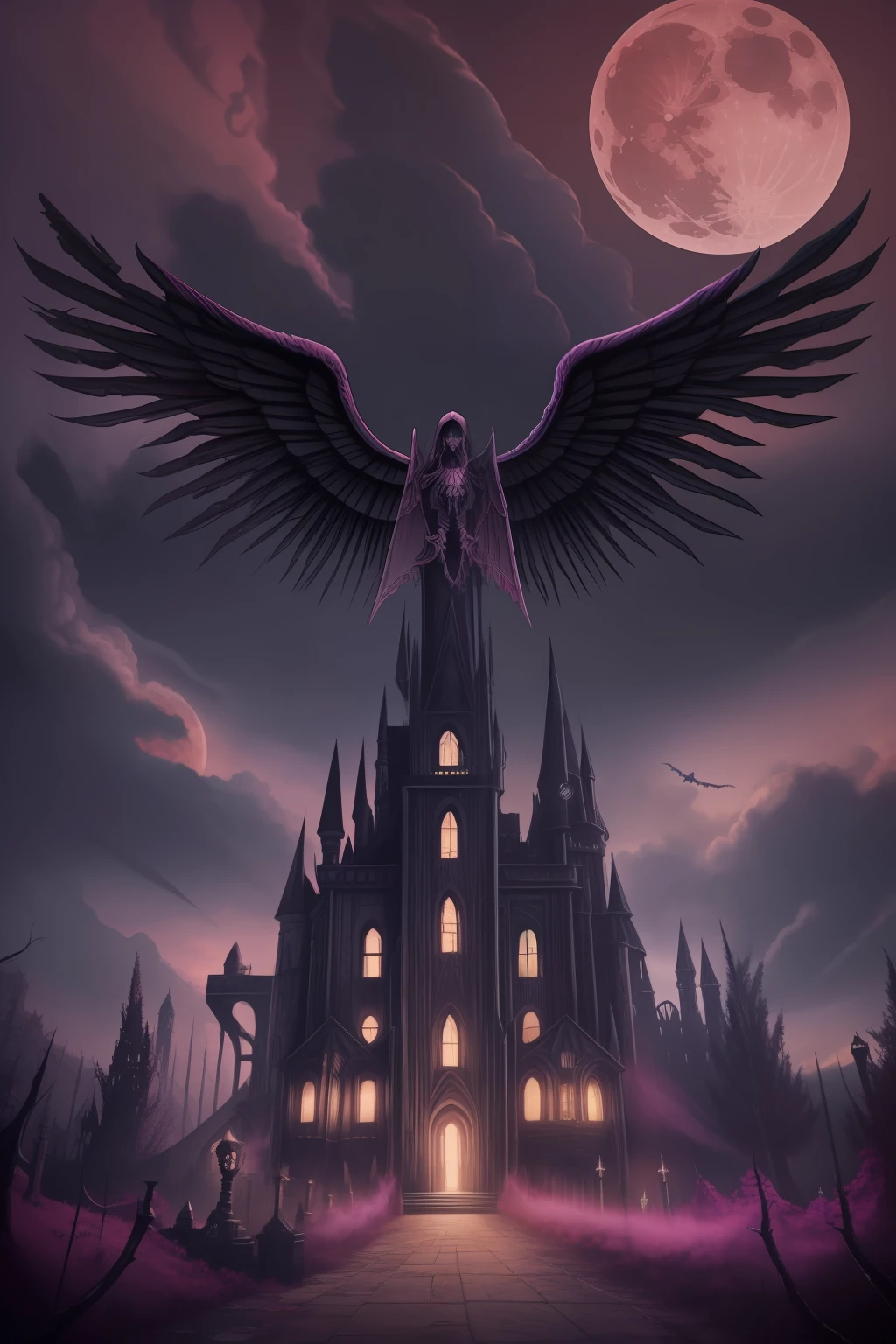 Fine matte paint,Skeleton Dark Angel, Haunted castle with large wings, Fill the drawing table with a knife,terroral,uncanny,horrid,secret terror,tentaculata,grape trees,The eye,uncanny valley effect teeth,all fours,Critters,Blood Moon,4K,high qulity