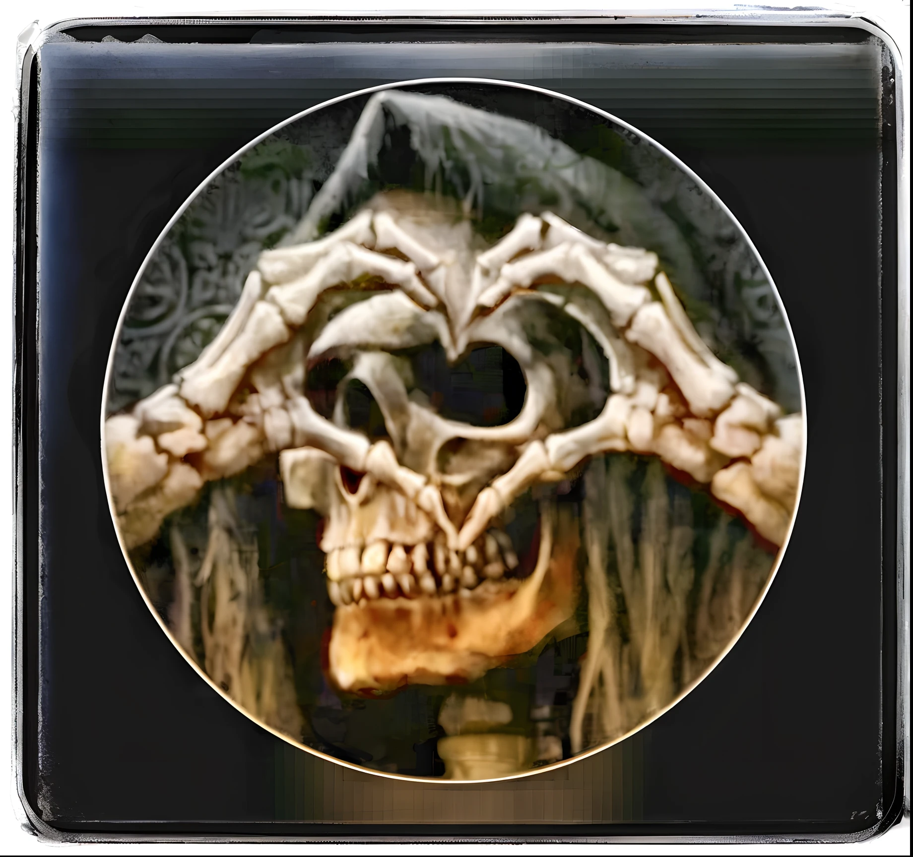 arafed skull with hands in the shape of a heart, gothic harts, morte maligna, death skull, sacred skull, ((skull)), ( ( ( Esqueleto ) ) ), see no evil, Crypt lurking!!, skull face, Amor e morte, face do esqueleto, Skelleton, Morte, three eyed, arte macabra de stanat cavado, skull head