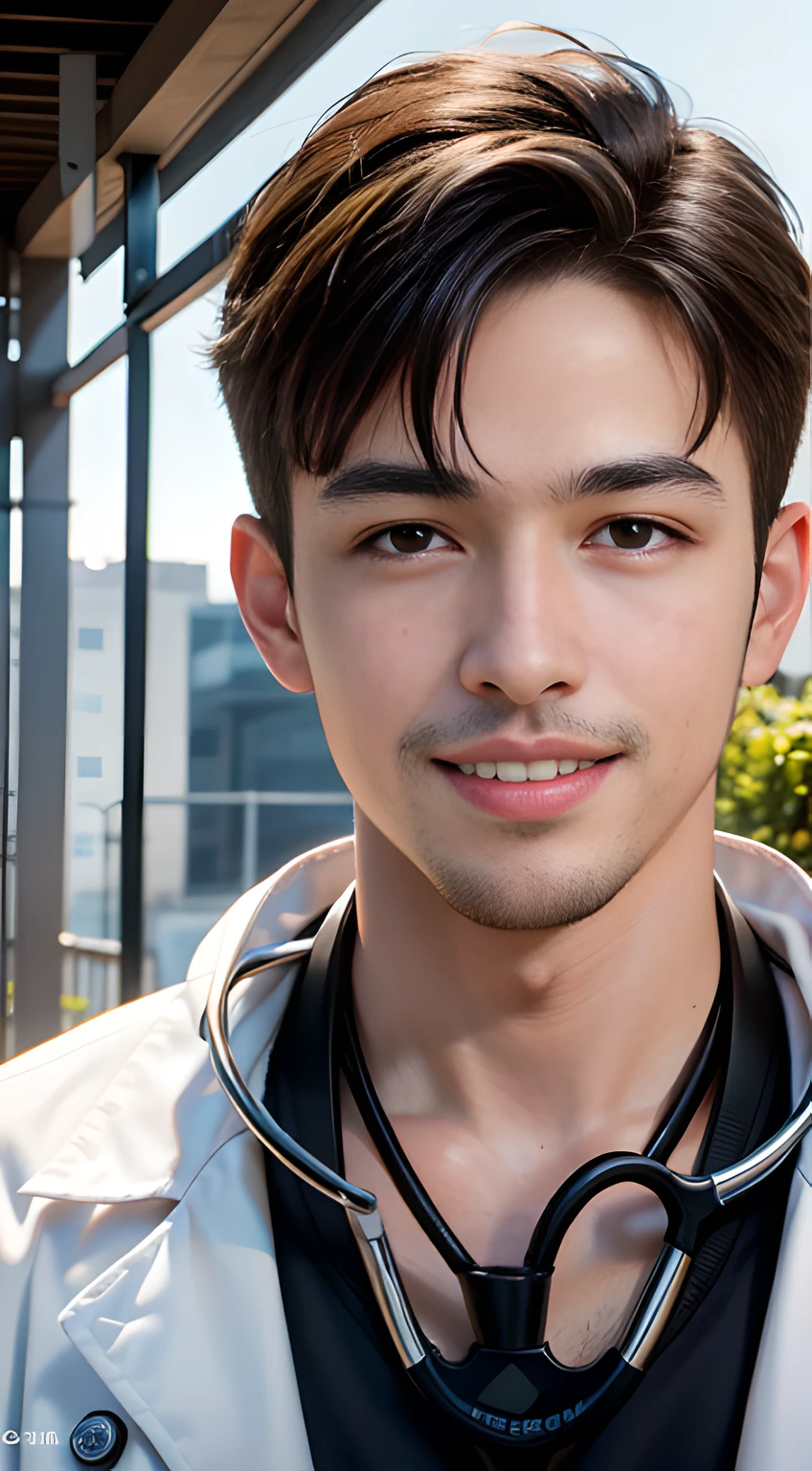 ((Men only)), (head shot), (handsome muscular man in his 20s), (A doctor with a professional demeanor, white coat, stethoscope, and an approachable, reassuring smile), (Chris Redfield), (Mischievous smile), (detaile: 1 in 1), Natural muscles, HIG quality, beautidful eyes, (Detailed face and eyes), (Face、: 1 / 2), Noise, Real Photographics、... .................................................................................................................PSD, Sharp Focus, High resolution 8K, realisitic & Professional Photography, 8K UHD, Soft lighting, High quality, Film grain, FujifilmXT3