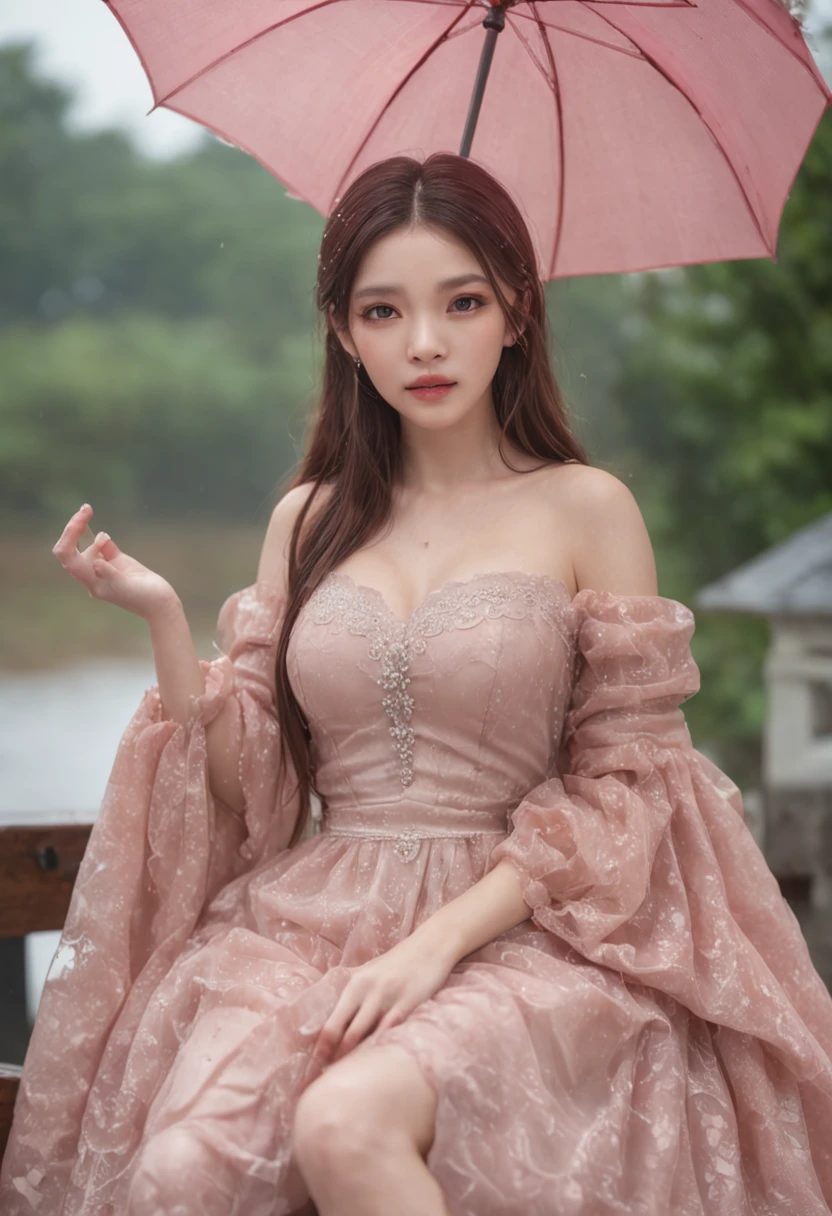 hyper HD, Anatomically correct, Super detail, Award-Awarded, Best quality, High details, retinas, Textured skin, Masterpiece, High quality, A high resolution, ccurate, 8K， A girl, Beautiful face, Detailed eyes, Very long hair, Impressive and attractive hair, Good looking, lovely lips, cheerfulness, with her mouth open, Rainskirt,Bring clothes of the same color and an umbrella， Pink dress, White lace, Zhu Xia Jingjing, Shiny jewelry, Natural background, Wet ground, very heavy rain, Wet body, Direct x 3.0 Visuals, reflection on water, It rained heavily, Blowing wind, Sitting, In the rain, Full body capture,