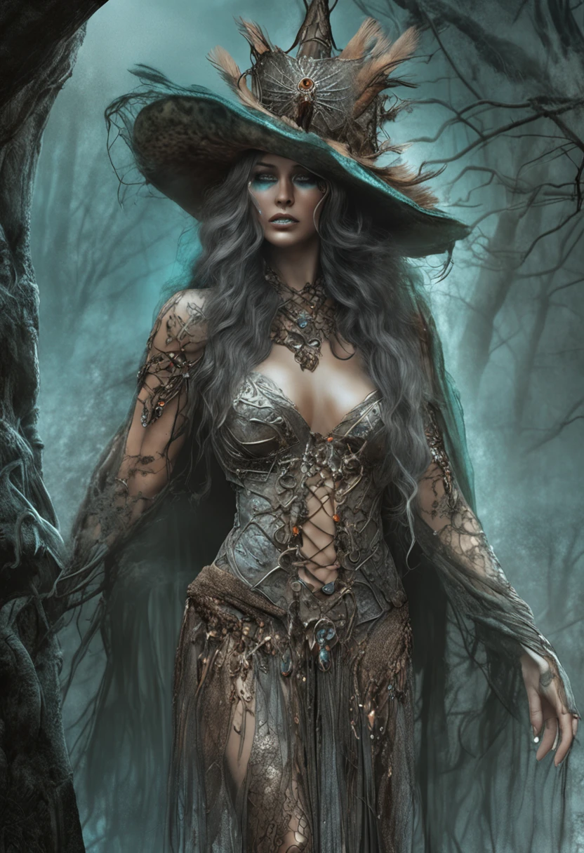 (((Top Quality: 1.4))), ( Art by Luis Royo),(extremely intricate:1.3)(Unparalleled Masterpiece), (Ultra High Definition),(Ultra-Realistic 8k CG),(Action Pose:1.2), (Dark Shot: 1.4), Beautiful witch, most bewitching in the world,(intricate mage wizard ornate robes and hat, green capelet, :1.1), realistic detailed aqua eyes, 8 life size, thicc body,(magic mysterious background, fog, faint darkness), light filtering through trees adds depth to image, (Cinematic, Teal, Orange: 0.85), (muted colors, dim colors, muted tones: 1.3), low saturation, (hyper detail: 1.2), (noir: 0.4), , perfect anatomy