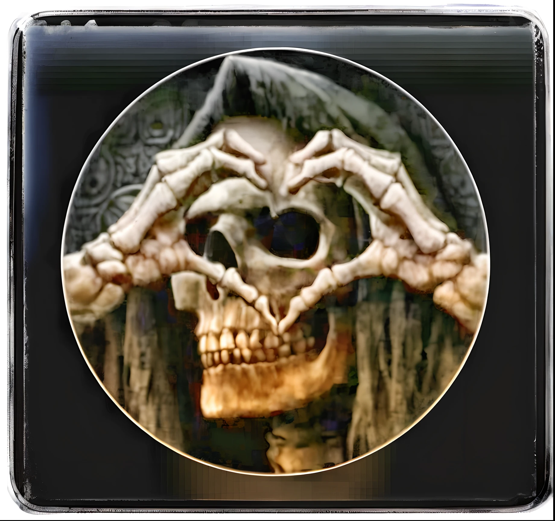 arafed skull with hands in the shape of a heart, gothic harts, morte maligna, death skull, sacred skull, ((skull)), ( ( ( Esqueleto ) ) ), see no evil, Crypt lurking!!, skull face, Amor e morte, face do esqueleto, Skelleton, Morte, three eyed, arte macabra de stanat cavado, skull head
