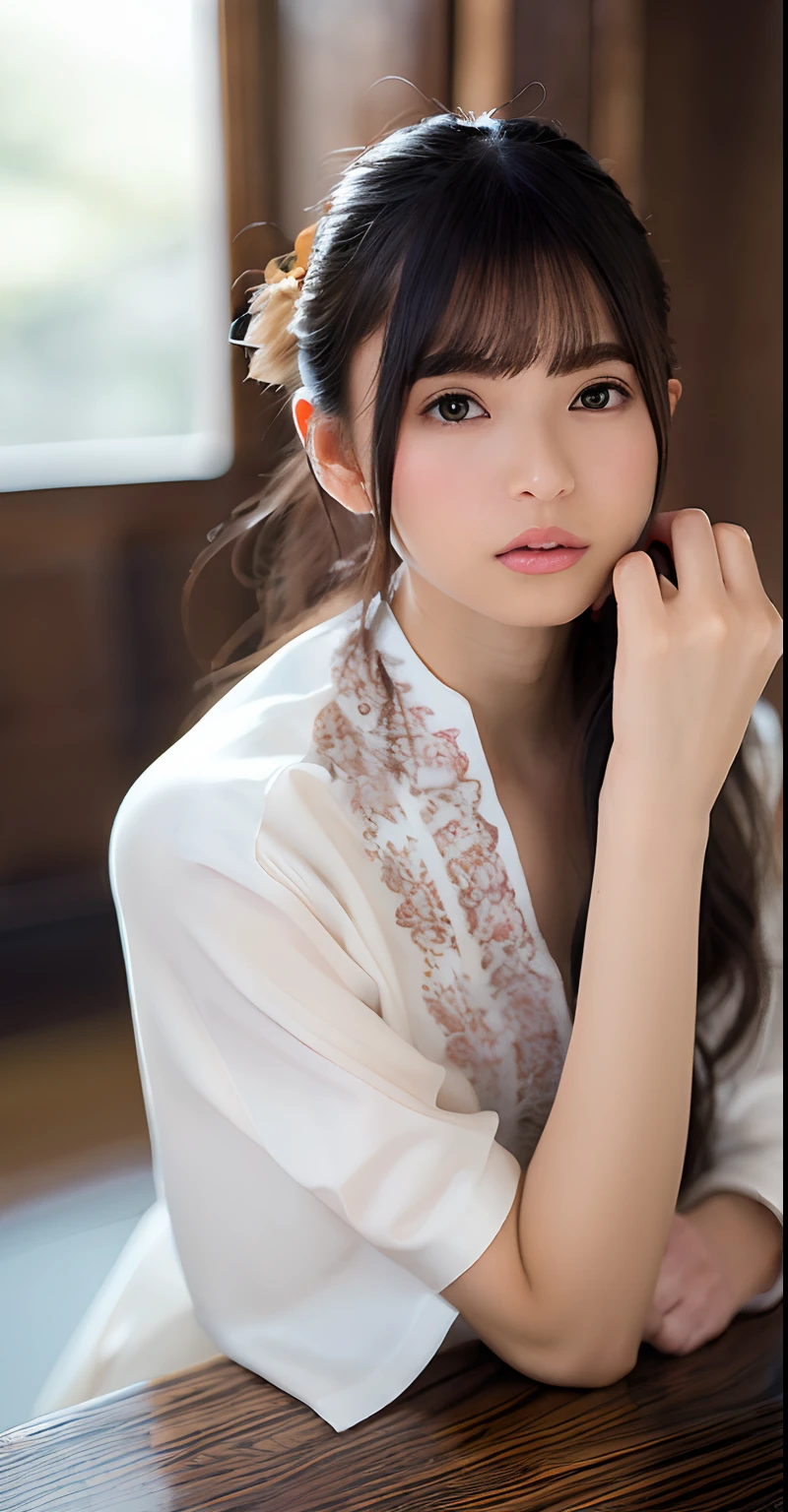 Nikon Z 85mm, ((best quality)) ((masterpiece)), intricate details, sharp focus, professional, photorealistic, real life, ultra realistic, photorealism,SILHOUETTE light,finely detail,best quality,extremely detailed CG unity 8k wallpaper,perfect artwork,upper body, shiny hair, glowing eyes, lustrous skin, realistic, perfect female figure, narrow waist, looking at viewer,lace,seductive posture, sexy pose, an extremely delicate and beautiful,best quality, beautiful detailed girl, beautiful detailed eyes,light on face,cinematic lighting,see-through,White pajamas, transparent material, revealing buttocks,a realistic representation of the face, (intricate details, makeup, (detailed beautiful delicate face, detailed beautiful delicate eyes, a face of perfect proportion, high detailed skin, detailed skin, best ratio four finger and one thumb, arms under breast, medium large breasts, smooth midriff, skiny and thin,fashion, solo ,(young), face highlight, upper body, detailed face, white skin, silver hair, ponytail, braid hair,big eyes, silk robe, (hollow pattern, silk), earrings, slim body, luxury room, professional lighting, tear robe,1 girl,Coiling hair