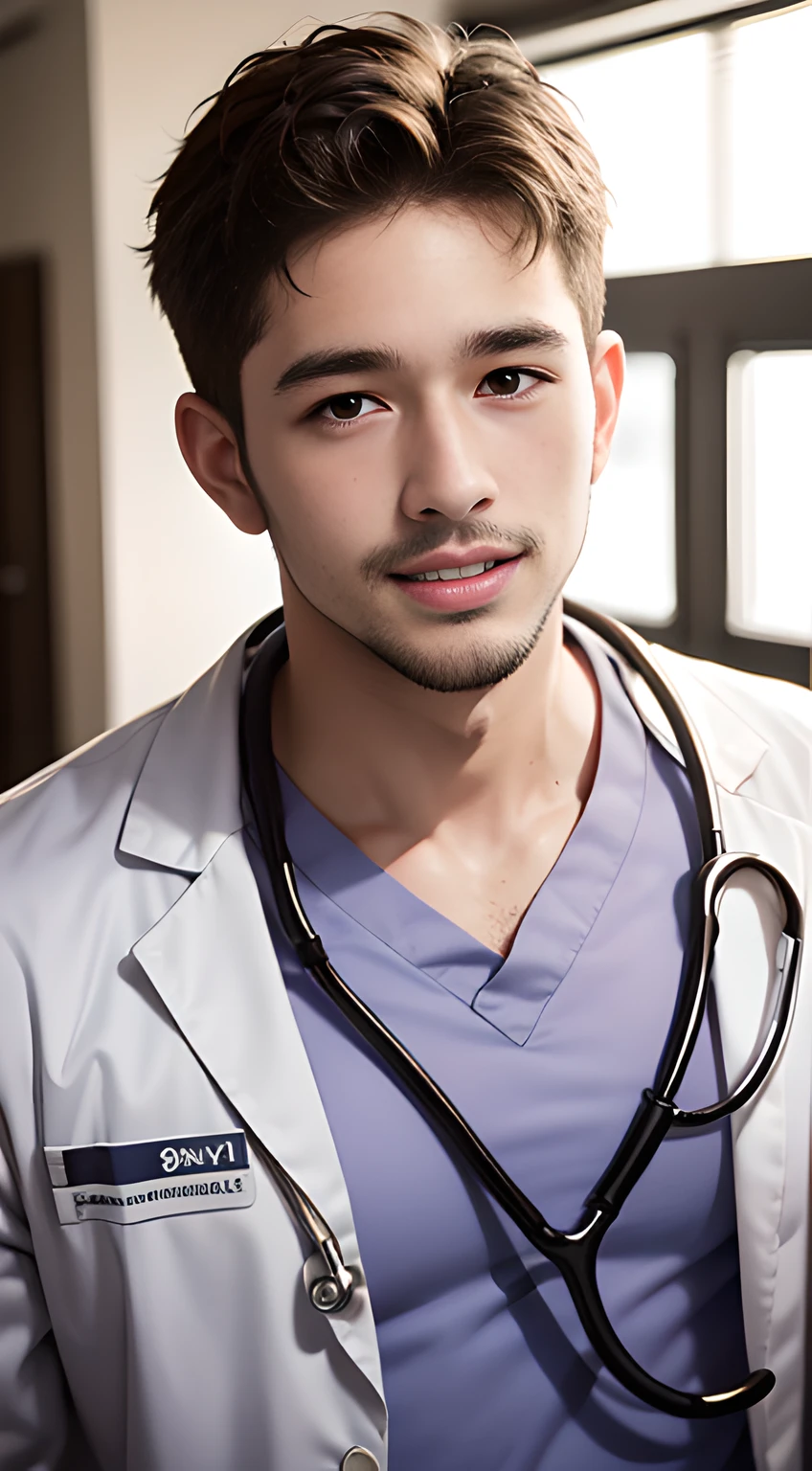 ((Men only)), (head shot), (handsome muscular man in his 20s), (A doctor with a professional demeanor, white coat, stethoscope, and an approachable, reassuring smile), (Chris Redfield), (Mischievous smile), (detaile: 1 in 1), Natural muscles, HIG quality, beautidful eyes, (Detailed face and eyes), (Face、: 1 / 2), Noise, Real Photographics、... .................................................................................................................PSD, Sharp Focus, High resolution 8K, realisitic & Professional Photography, 8K UHD, Soft lighting, High quality, Film grain, FujifilmXT3
