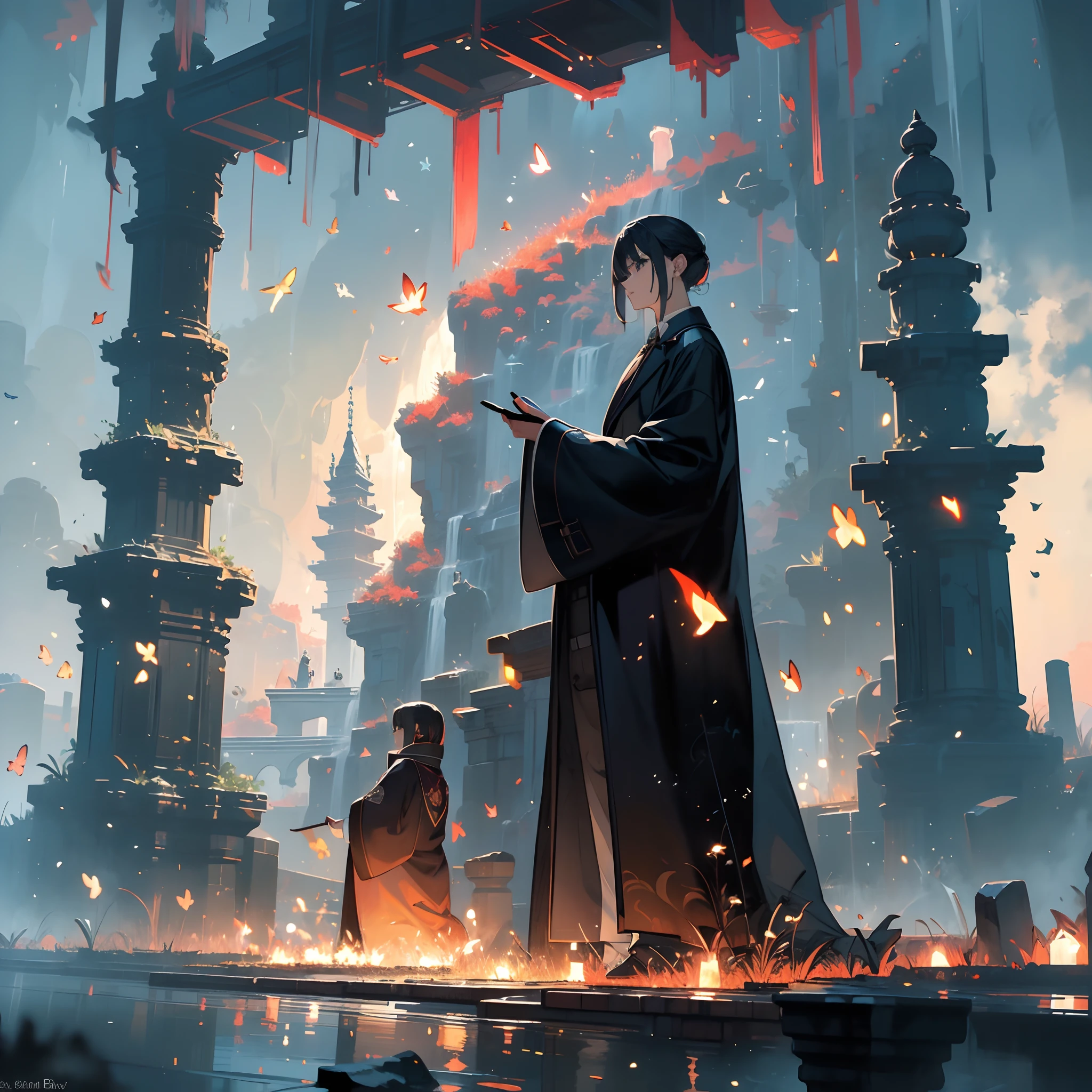 (8k wallpaper:1.2),(Ultra-high resolution:1.2),(masterpiece:1.1),wallpaper,High quality,masterpiece,(High resolution),1man, wearing magician robes, surrounded by fellow magicians,holding a grimoire,magical,tower of magician in the background, floating stone's, floating islands in the sky, fantasy anime, absolutely stunning art, extremely detailed, high resolution, highest quality digital art,
