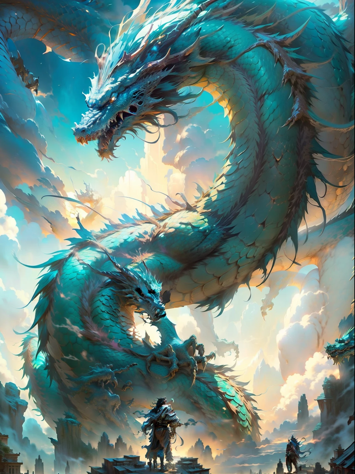 Close-up of a man standing on a windowsill near a dragon, colossal dragon in background, hyperrealistic d & D fantasy art, Anime epic artwork, jessica rossier fantasy art, giant dragon flying in the sky, colossal dragon as background, epic fantasy artwork, 2. 5 D CGI anime fantasy artwork, Concept art wallpaper 4K, highly detailed fantasy art