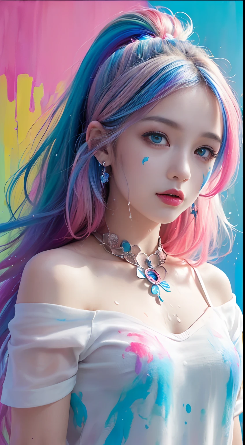 （Pink Fashion T-shirt：1.9），(Colorful hair: 1.8), (all the colours of the rainbow: 1.8),(((((vertical painting：1.6))), （painting：1.6），front, comics, illustrations, paintings, large eyes, crystal clear eyes,（ rainbow color gradient high ponytail：1.7）, exquisite makeup, closed mouth,(Small Fresh: 1.5),(Wipe Chest: 1.6) ，long eyelashes, white off shoulder T-shirt,  White Shoulder Shirt，looking at the audience, large watery eyes, (rainbow colored hair：1.6), color splash, （solo：1.8）, color splash, color explosion, thick paint style, messy lines, ((shining))，(colorful), (colorful), (colorful), colorful, Thick Paint Style, (Splash) (Color Splash), Vertical Painting, Upper Body, Paint Splash, Acrylic Pigment, Gradient, Paint, Highest Image Quality, Highest Quality, Masterpiece, Solo, Depth of Field, Face Paint,  colorful clothes, (Elegant: 1.2), gorgeous,long hair, wind, (Elegant: 1.3), (Petals: 1.4)，(((masterpiece))),(((best quality))),((ultra-detailed)),(illustration),(dynamic angle),((floating)),(paint),((disheveled hair)),(solo),(1girl) , (((detailed anima face))),((beautiful detailed face)),collar,bare shoulders,white hair, ((colorful hair)),((streaked hair)),beautiful detailed eyes,(Gradient color eyes),(((colorful eyes))),(((colorful background))),(((high saturation))),(((surrounded by colorful splashes))),