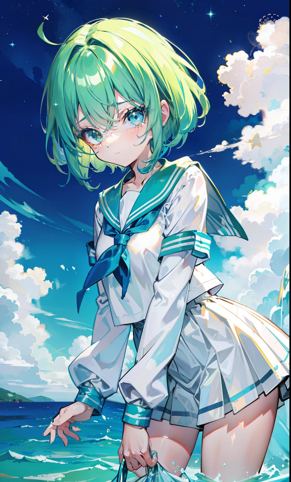 Slime-like glow green hair,Wearing a sailor suit in powder and blue,A cute cute girl