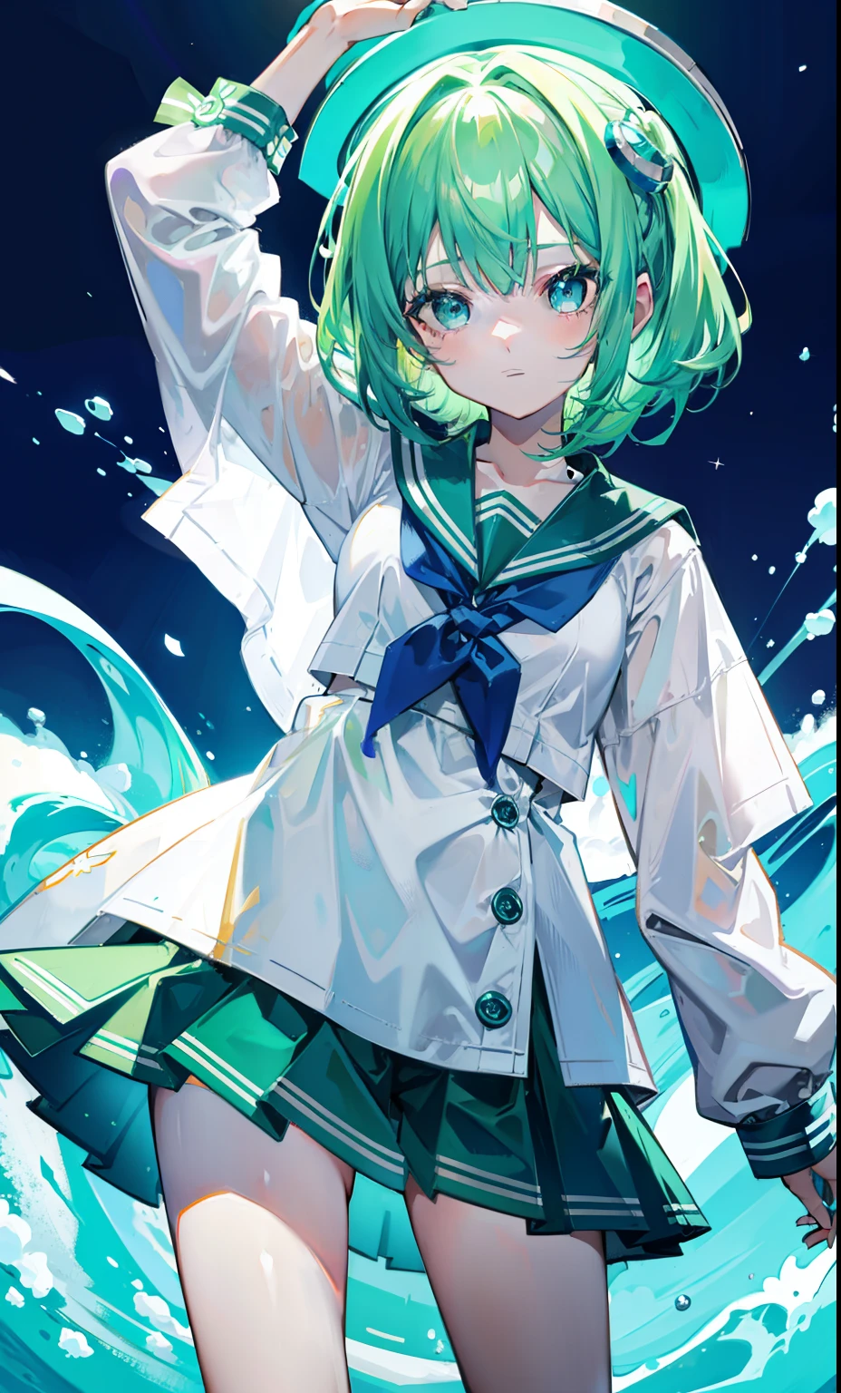 Slime-like glow green hair,Wearing a sailor suit in powder and blue,A cute cute girl