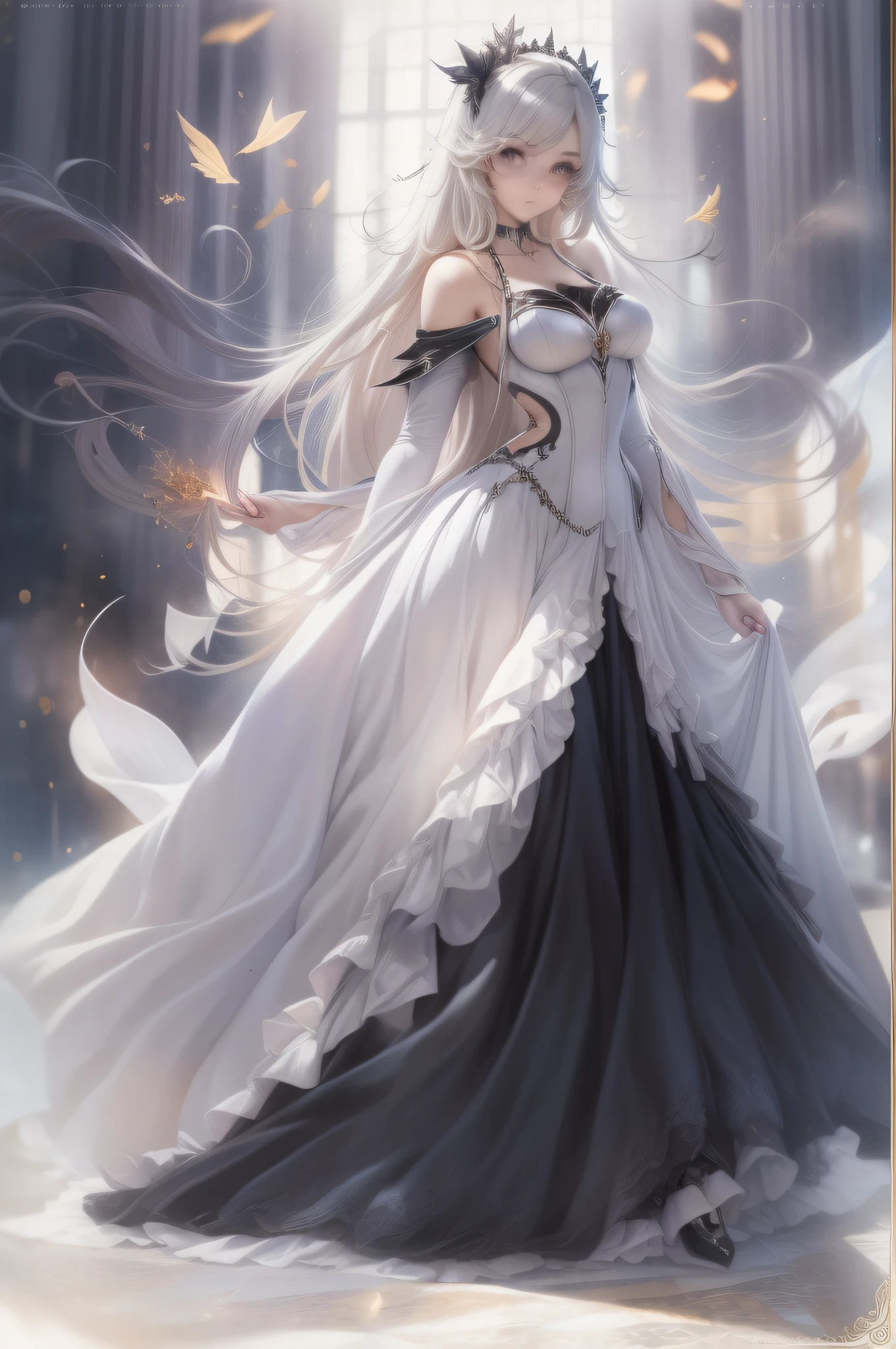 A 25-year-old girl with a beautiful appearance, wearing an elegant white and black dress, showcasing her magical abilities, in a full-body shot.