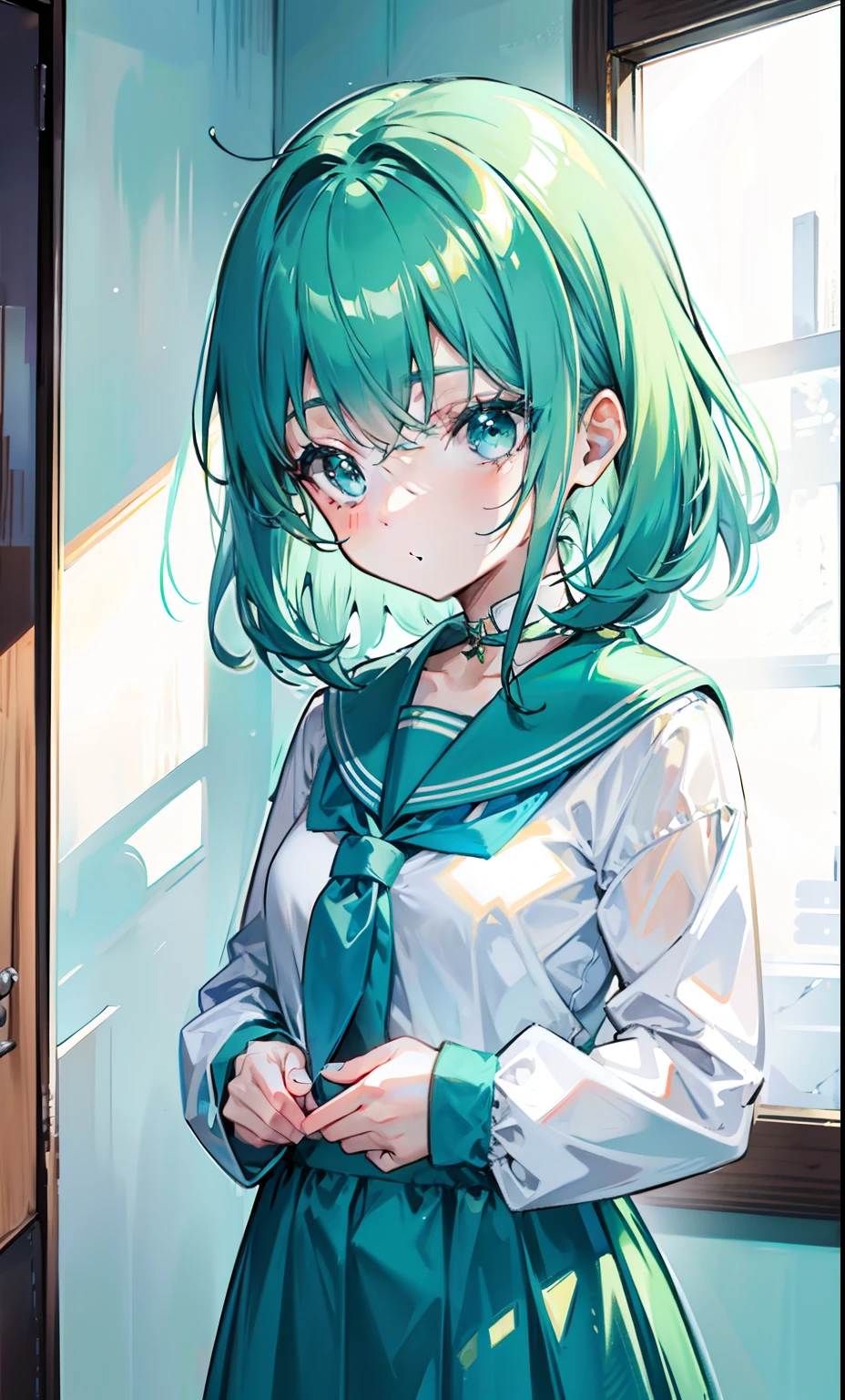 Slime-like glow green hair,Wearing a sailor suit in powder and blue,A cute cute girl
