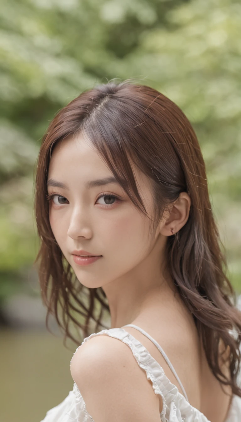 Close-up portrait of a woman walking in a park dressed in white、Japan person model、Young sensual gravure idol、young cute gravure idol、Realistic young gravure idol、Realistic sensual gravure idol、Young gravure idols、sophisticated gravure idol、Yoshitomo Nara、Young skinny gravure idol、Once beautiful asian girl、Masterpiece, top-quality, A high resolution, 1girl in, half up,(after shower,Team,Woman bathed drenched and naked:1.1),looki at viewer,