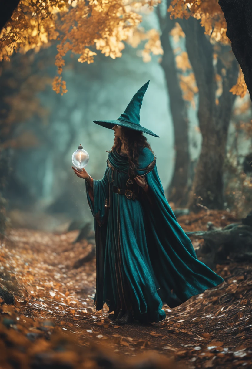 (((of the highest quality: 1.4))), ,(very intricate:1.3)(unparalleled masterpiece ever), (Ultra high definition),(Ultra-realistic 8K CG),(actionpose), (dark shot: 1.4), beautiful witch, The most bewitching in the world,(Complex mage wizard ornate robes and hats, Green Cape, :1.1), Realistic detailed aqua eye, 8 life-size, thicc body,(Magical mystical background, Fog, Faint darkness), The tree々The light that passes through adds depth to the image, (Cinematic, Teal, orange: 0.85), (Muted colors, dim colors, Muted Tones: 1.3), Low saturation, (Hyper Detail: 1.2), (Noir: 0.4), , Perfect Anatomy