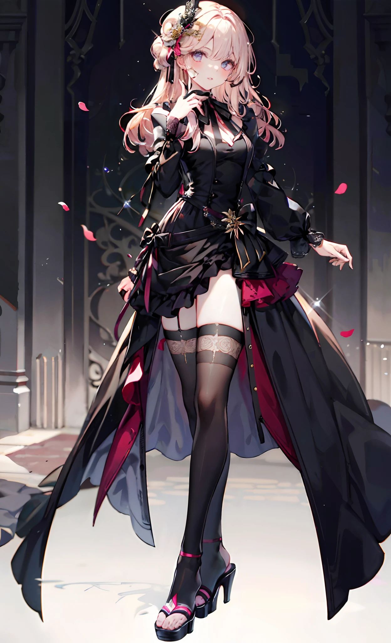 (Complete head:1.9),meticulous portrayal of face,1 noblewoman,a matural female,Black dress long dress,(black lence stockings+),(High-heeled ribbon sandals),(Black stocking feet+),Pink White Long Hair,Prom background, Perfect body, s the perfect face, perfect hand, Perfect Finger, Perfect lips, perfect eyes, Perfect background